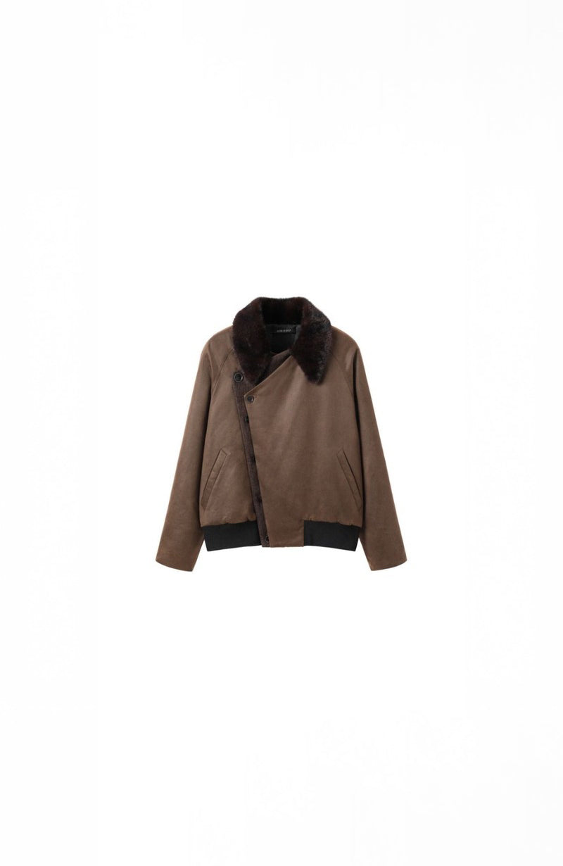 ALVNG AR ANTS Asymmetrical Placket Faux Fur Collar Jacket