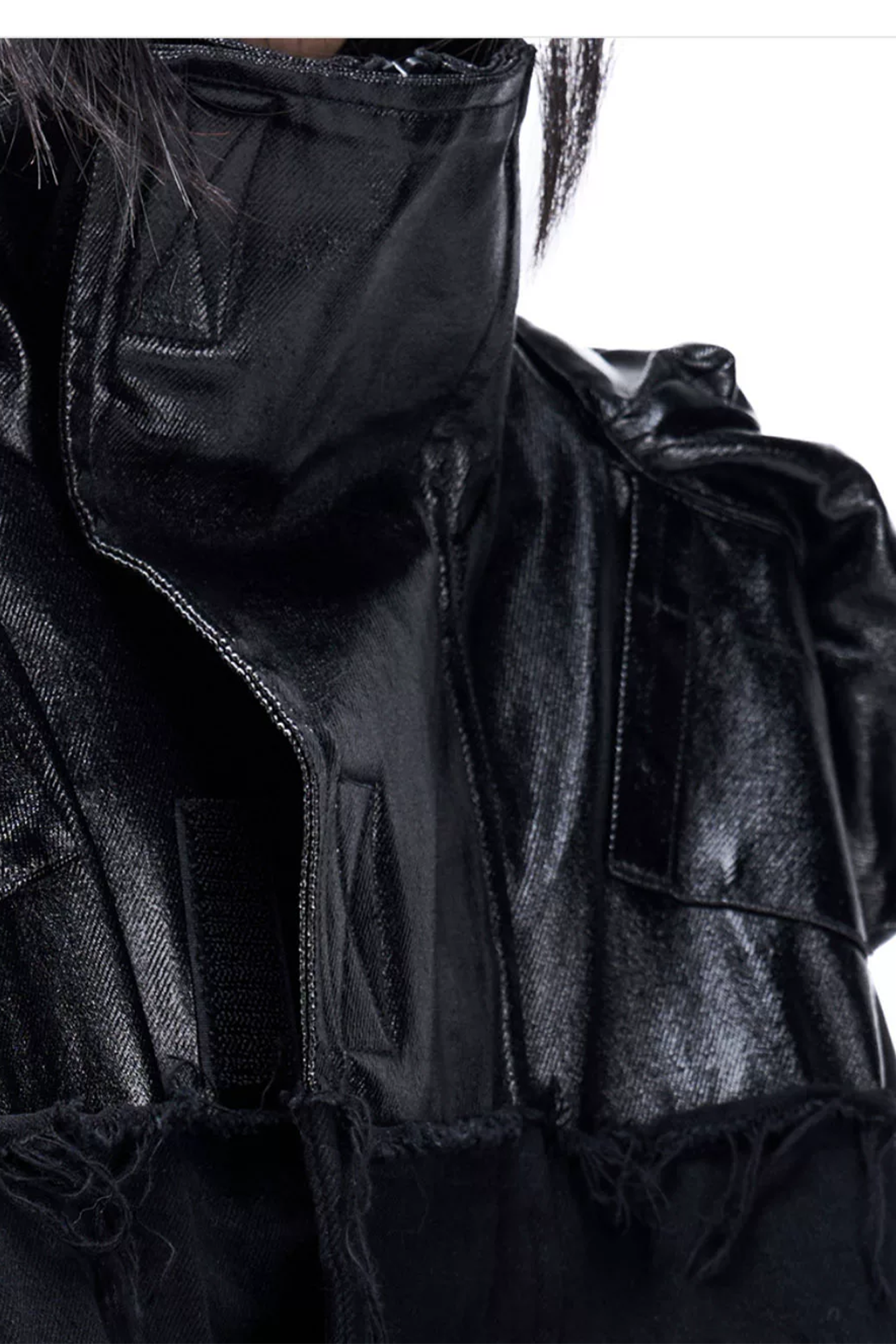 VANGUARDIA Spliced Coated Multi-Pocket Denim Jacket