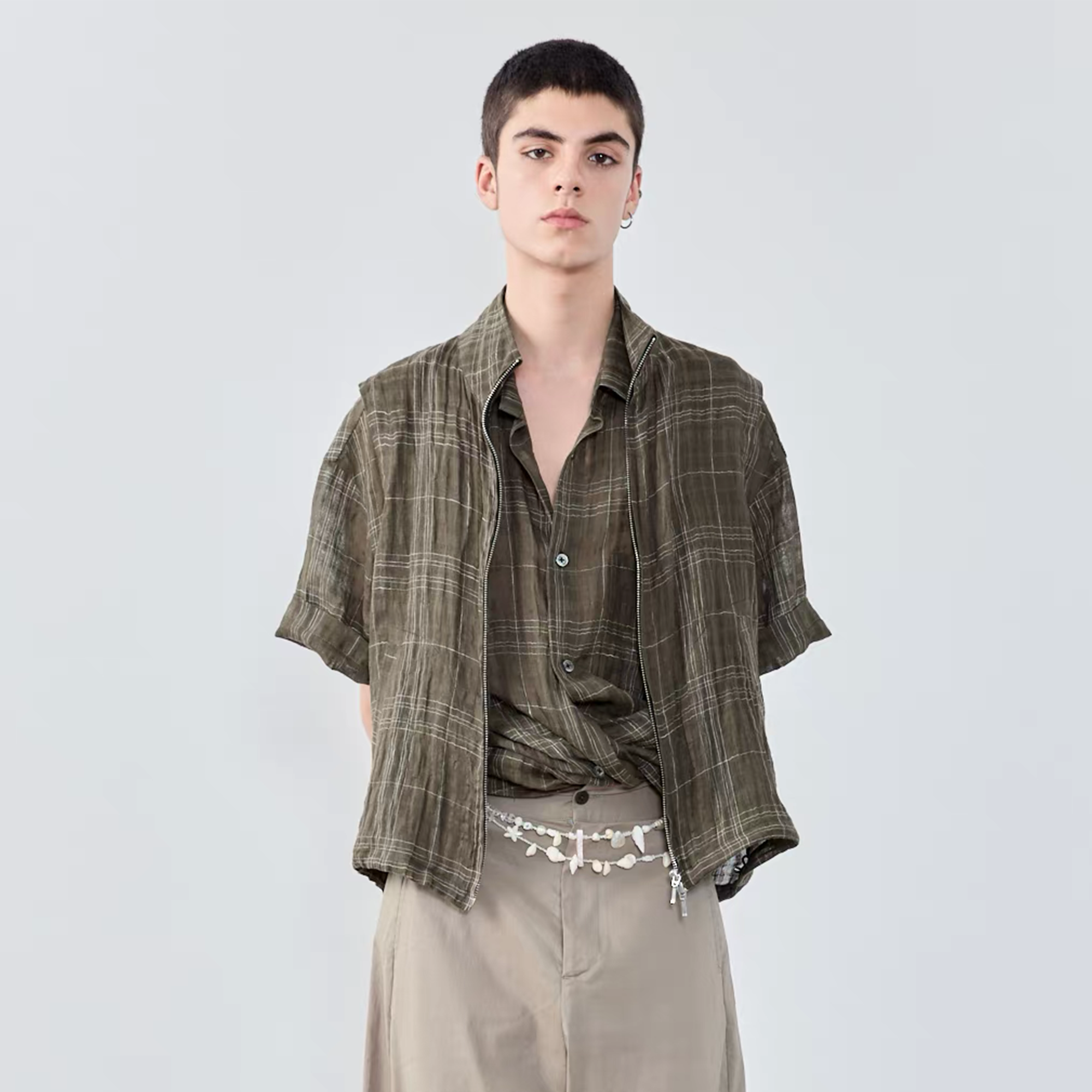 GRAINMUSTARD Linen-Cotton Plaid Vest, premium urban and streetwear designers apparel on PROJECTISR.com, GRAINMUSTARD