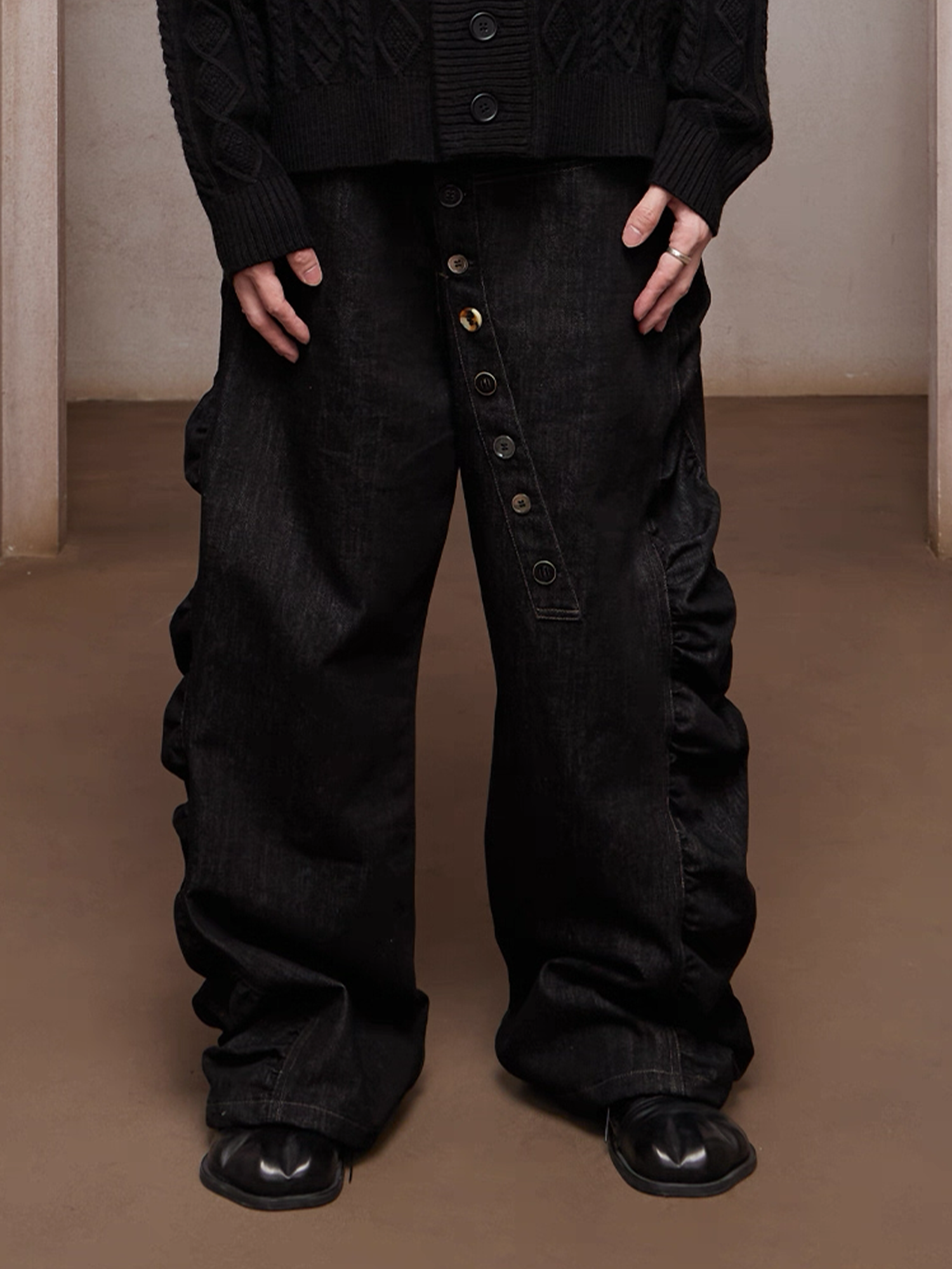 DND4DES Asym Button-Fly Ruched Baggy Jeans