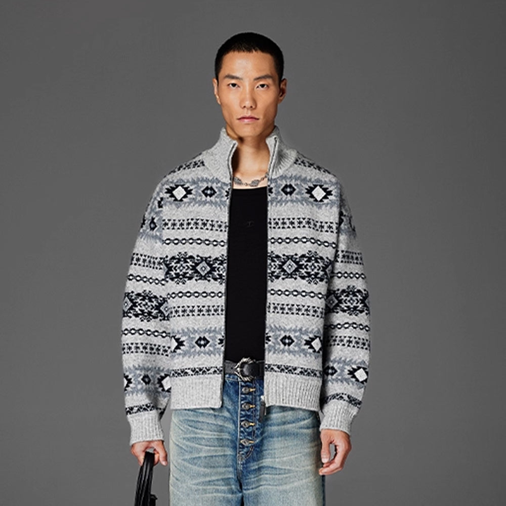 CATSSTAC Geometry Jacquard Zip-Up Cardigan