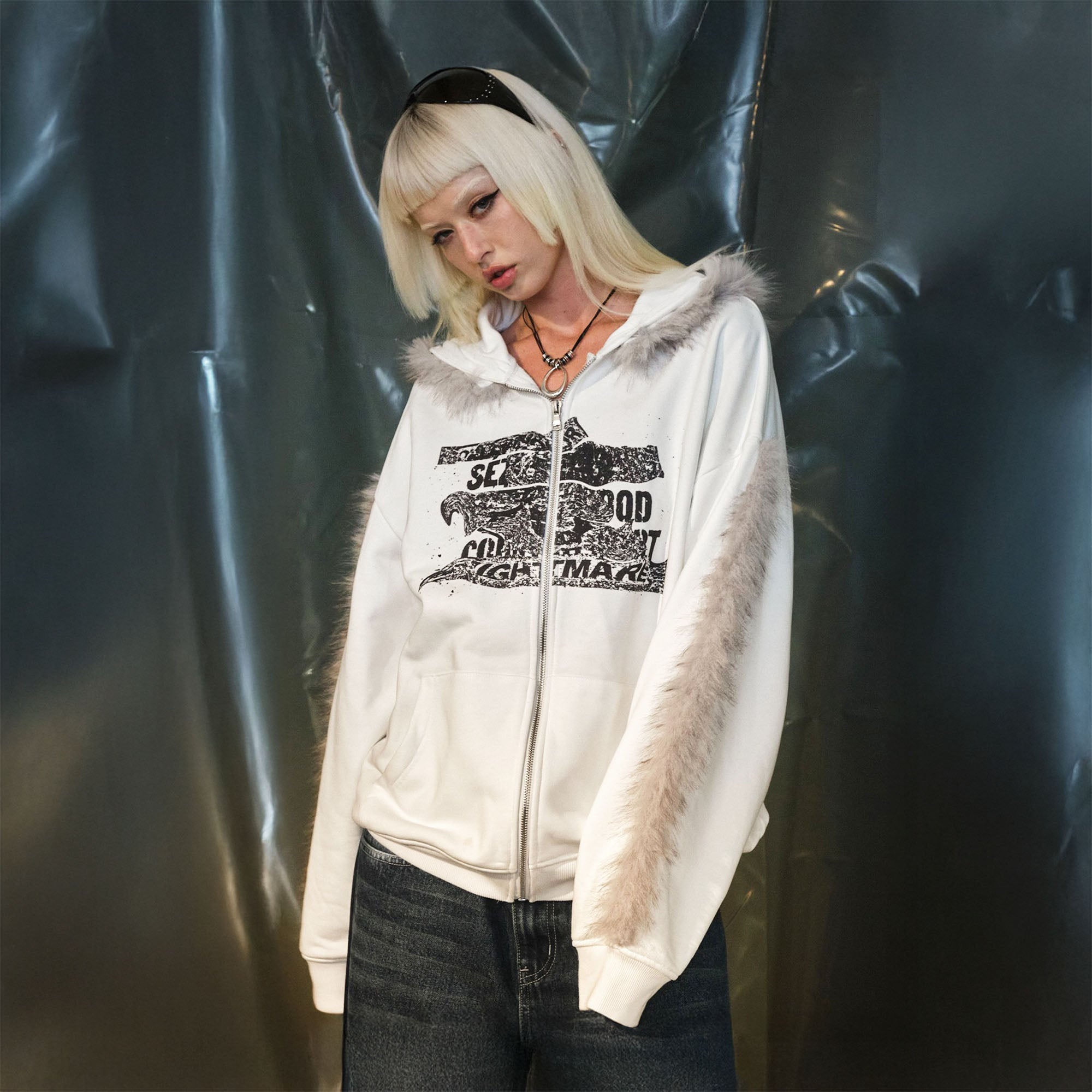 RECOVER ZONE Faux Fur Trim Graphic Zip-Up Hoodie