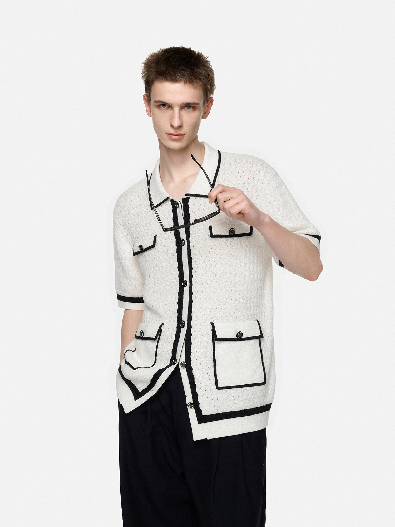 TIWILLTANG Contrast Trim Knitted Half Shirt