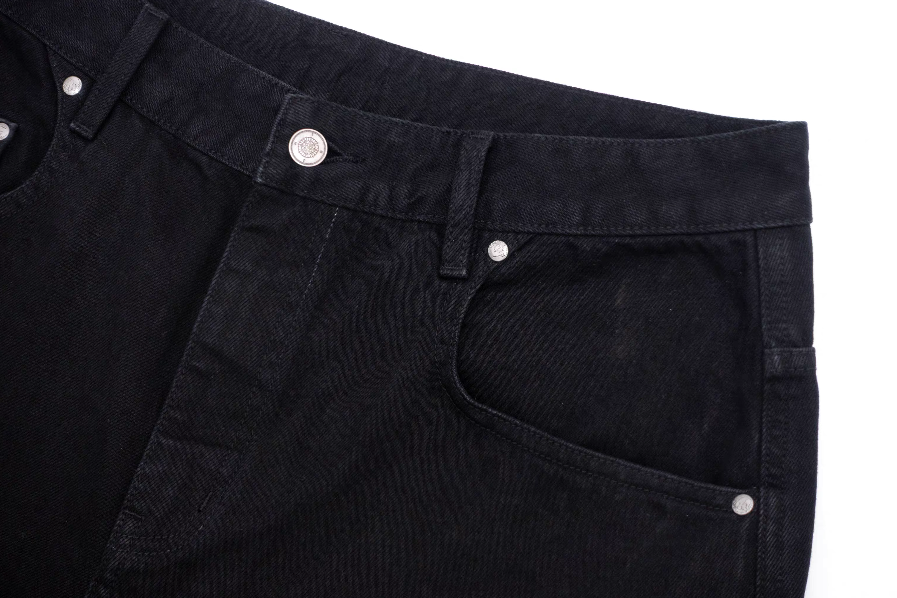 IN EXISTENCE Washed Rivet-Trim Patch Denim Shorts, premium urban and streetwear designers apparel on PROJECTISR.com, IN EXISTENCE