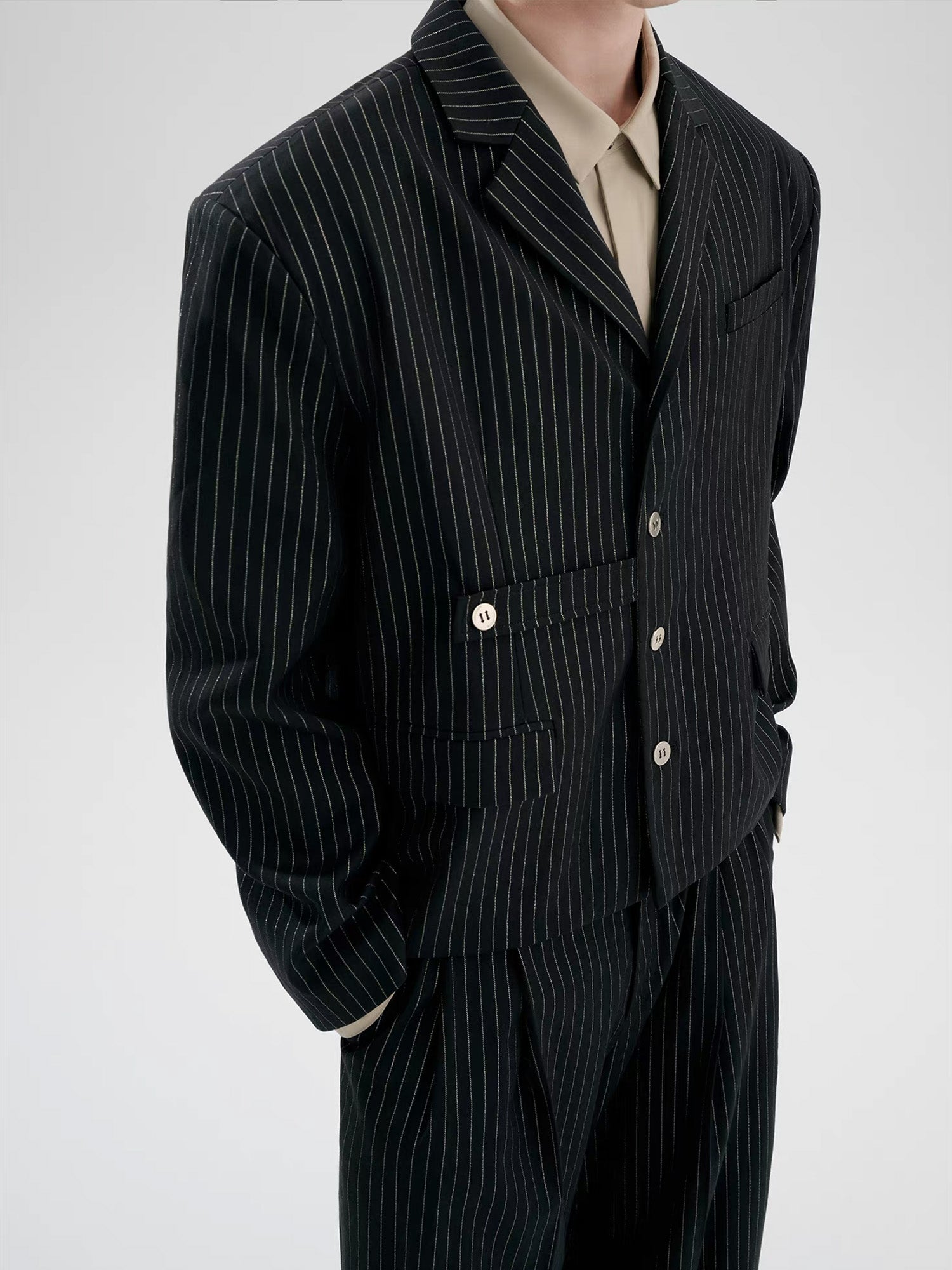 TIWILLTANG Cropped Pinstripe Strap Blazer, premium urban and streetwear designers apparel on PROJECTISR.com, TIWILLTANG