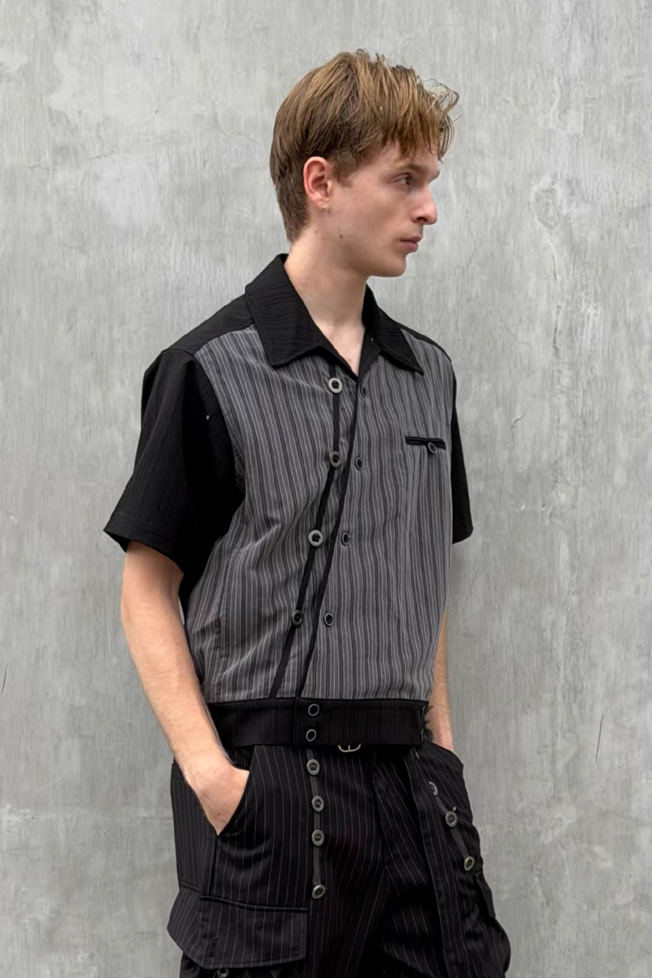 QASIMI-WRAP SHIRTS 20ss PINSTRIPE 46サイズ ESAIAS Jacquard Pinstripe Asymmetrical Paneled Half Shirt