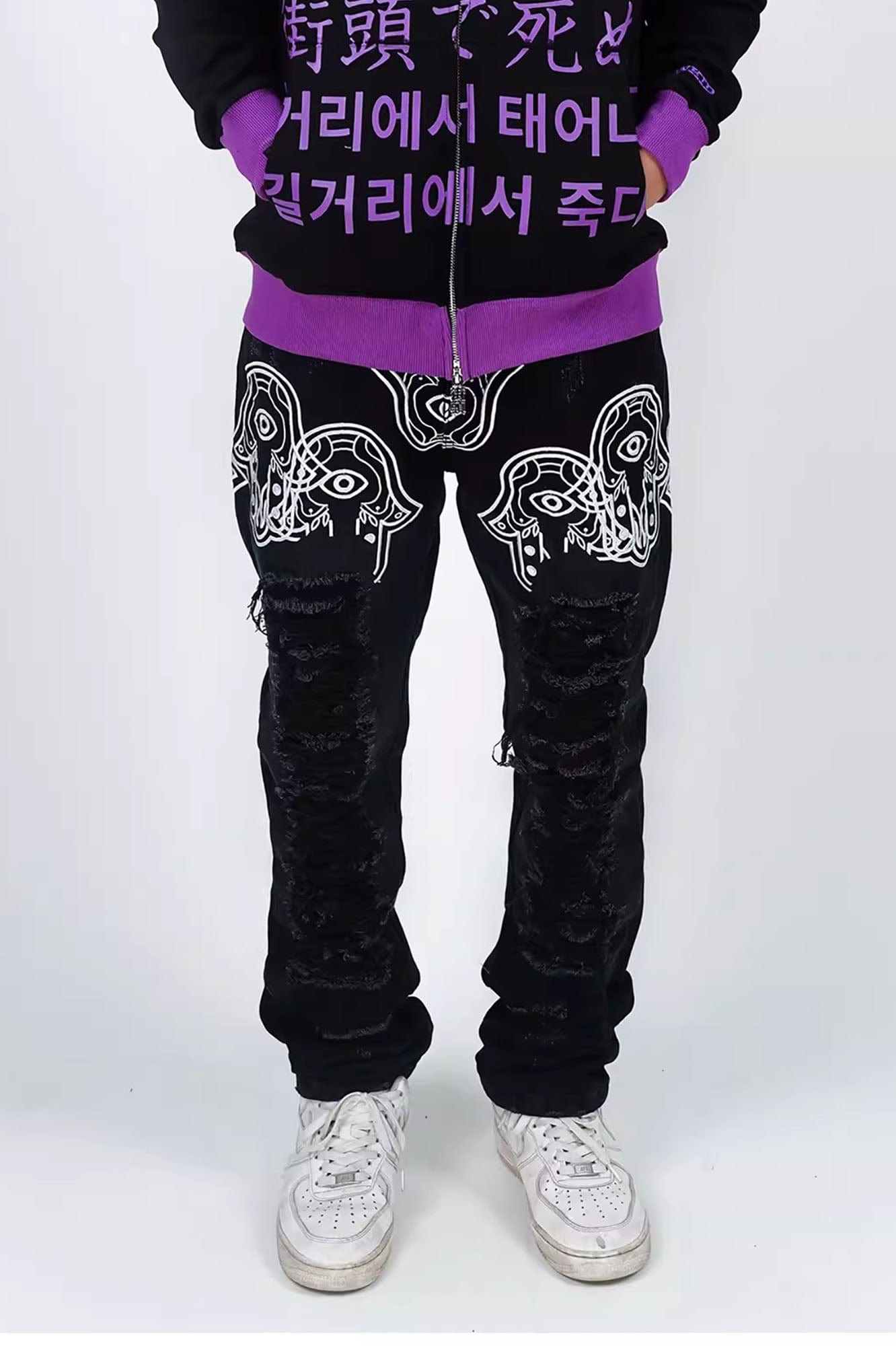 VINKID Hamsa Embroidered Double-Layer Ripped Stacked Jeans, premium urban and streetwear designers apparel on PROJECTISR.com, VINKID
