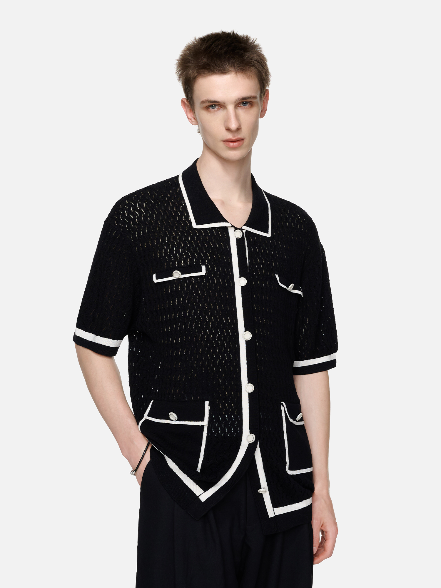 TIWILLTANG Contrast Trim Knitted Half Shirt