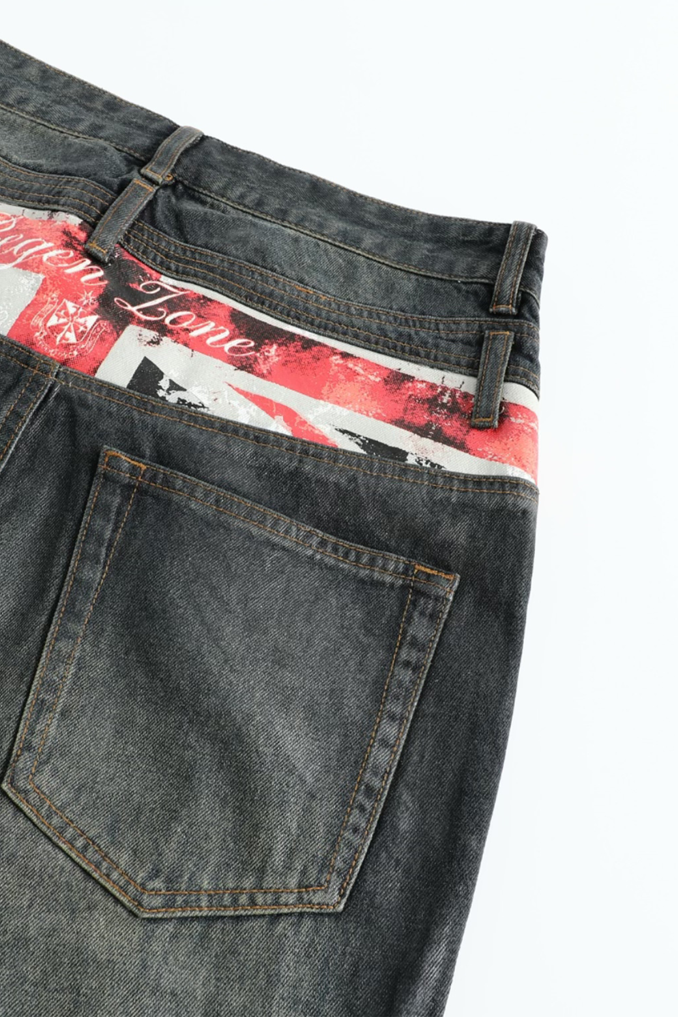 REGEN ZONE Flag Wax-Brushed Studded Double-Waist Jeans