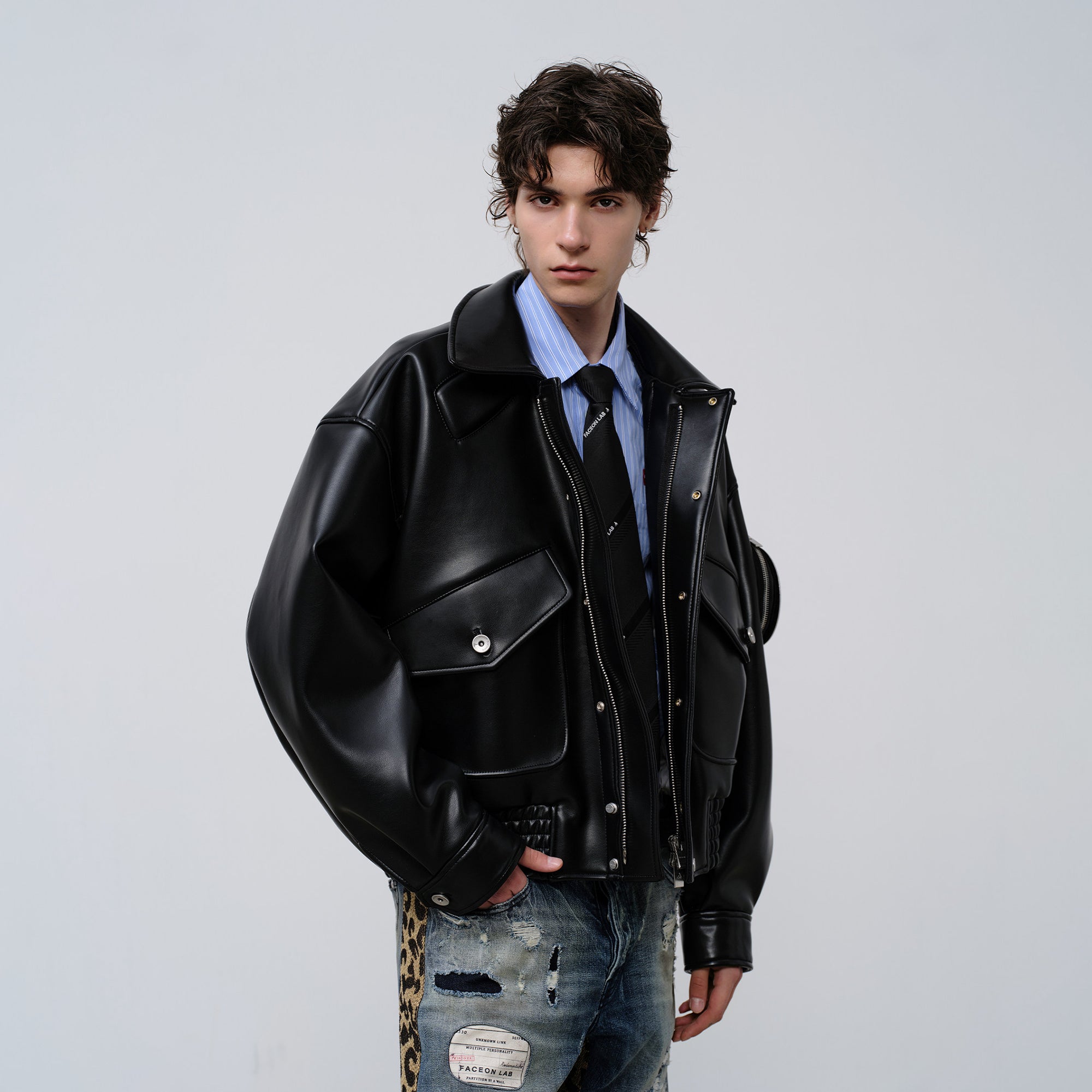 FACEONLAB Arm-Patched Bomber Oversized Jacket, premium urban and streetwear designers apparel on PROJECTISR.com, FACEONLAB