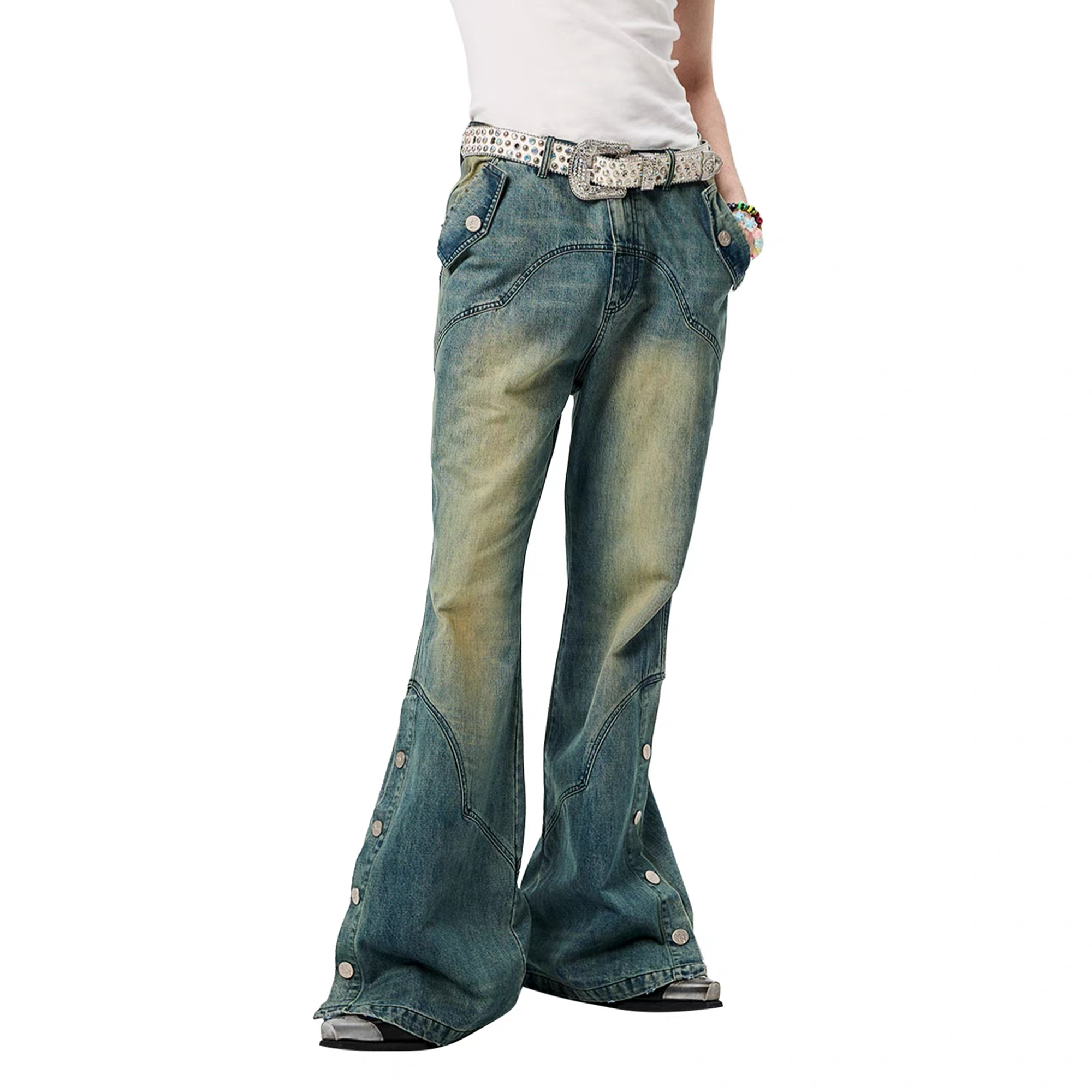 ERISSTOFF Washed Detachable Flared Jeans Blue