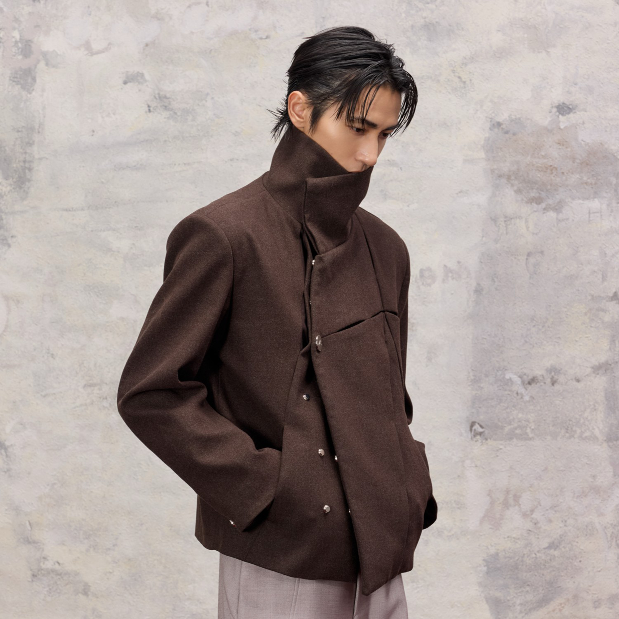 ALVNG AR ANTS Asymmetrical Wool-Blend High-Neck Jacket