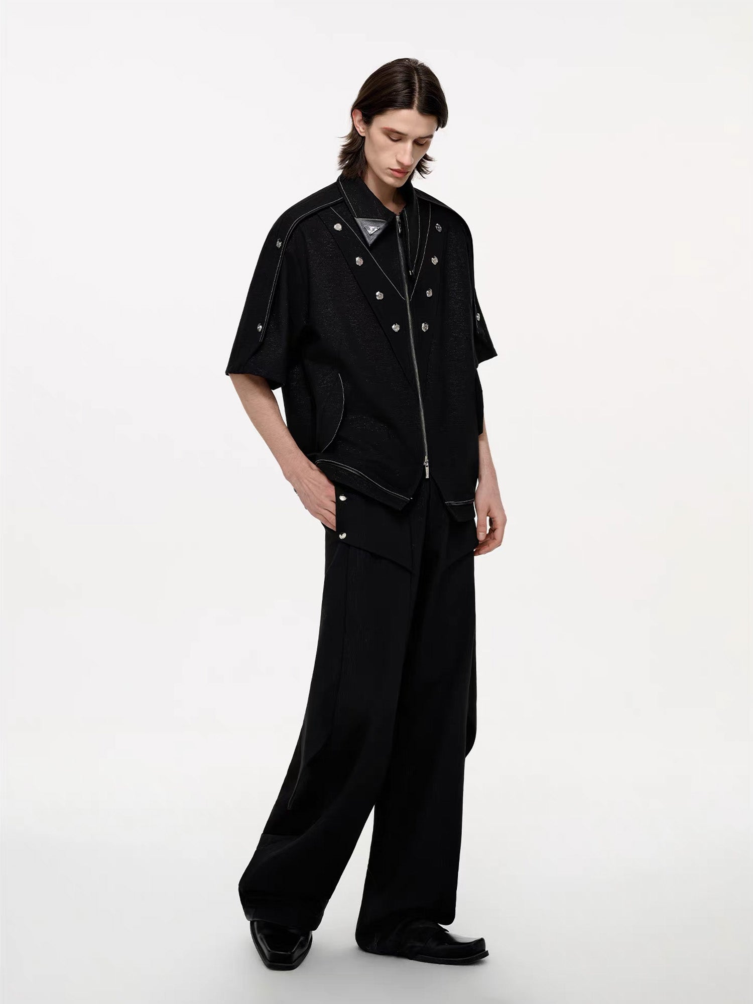 TIWILLTANG Studded Trim Zip-Up Half Shirt, premium urban and streetwear designers apparel on PROJECTISR.com, TIWILLTANG