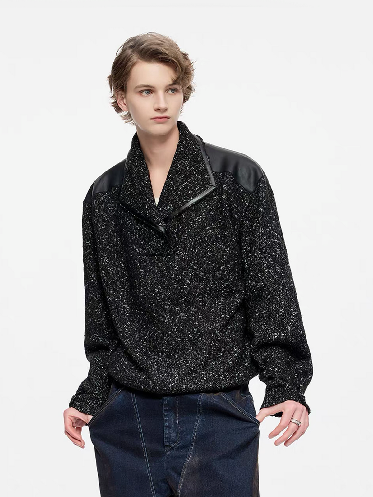 TIWILLTANG Spliced Faux Leather Dot-Yarn Fold Collar Sweater