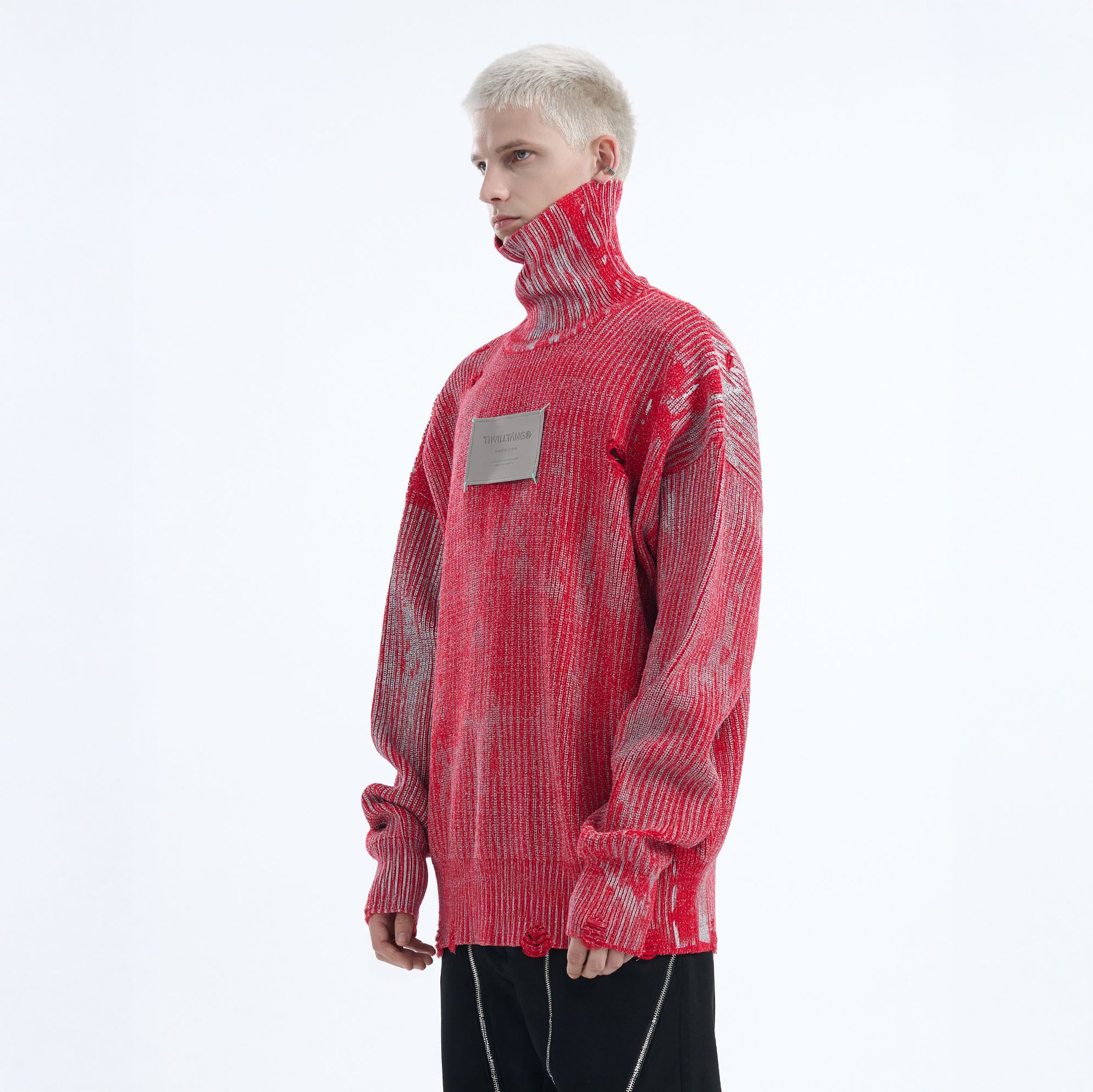 TIWILLTANG Distressed Foil High-Neck Sweater