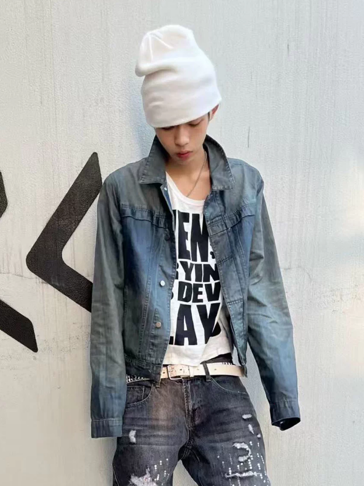 CINDER VEIN Brush-Paint Washed Distressed Denim Jacket