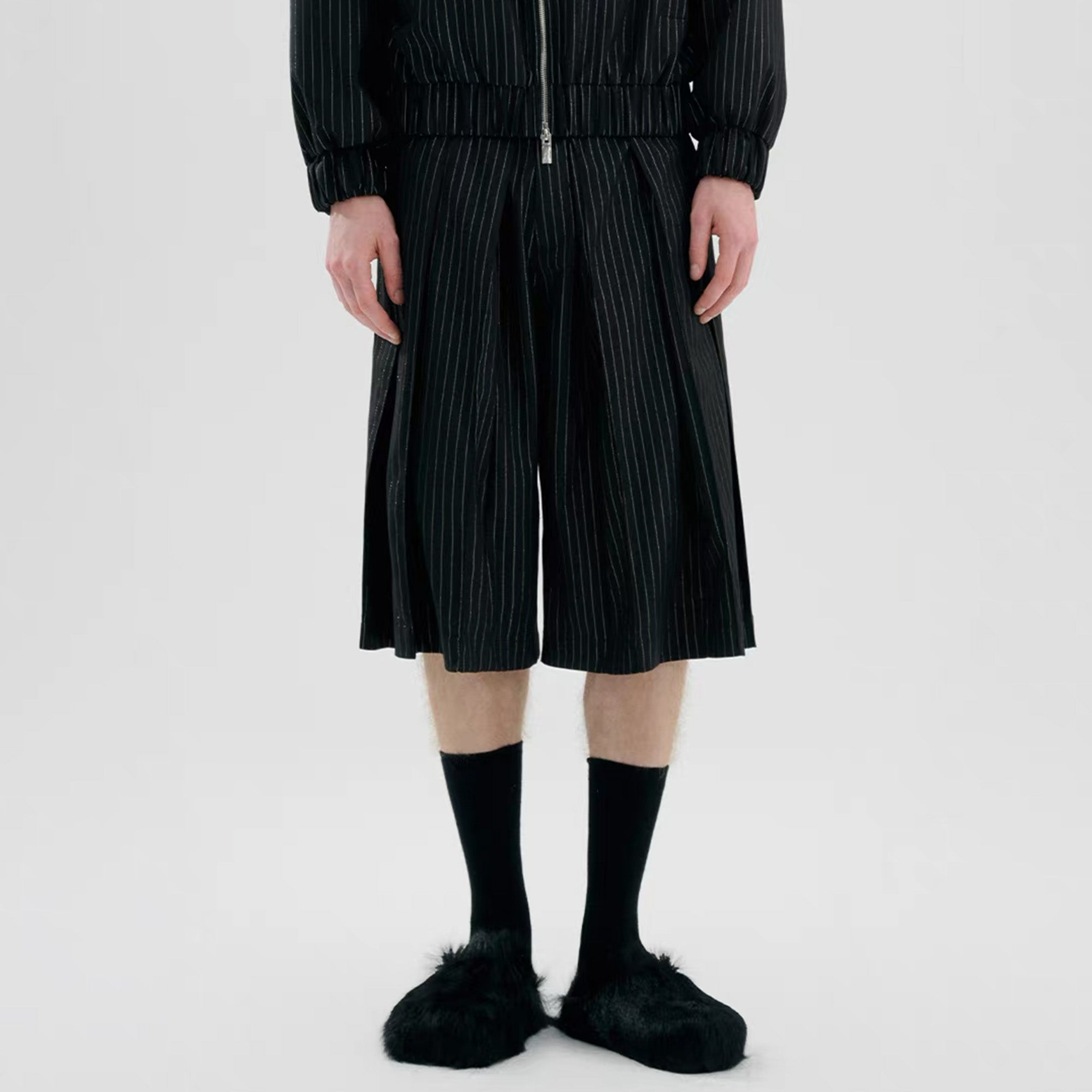 TIWILLTANG Pleated Pinstripe Skirt Shorts, premium urban and streetwear designers apparel on PROJECTISR.com, TIWILLTANG