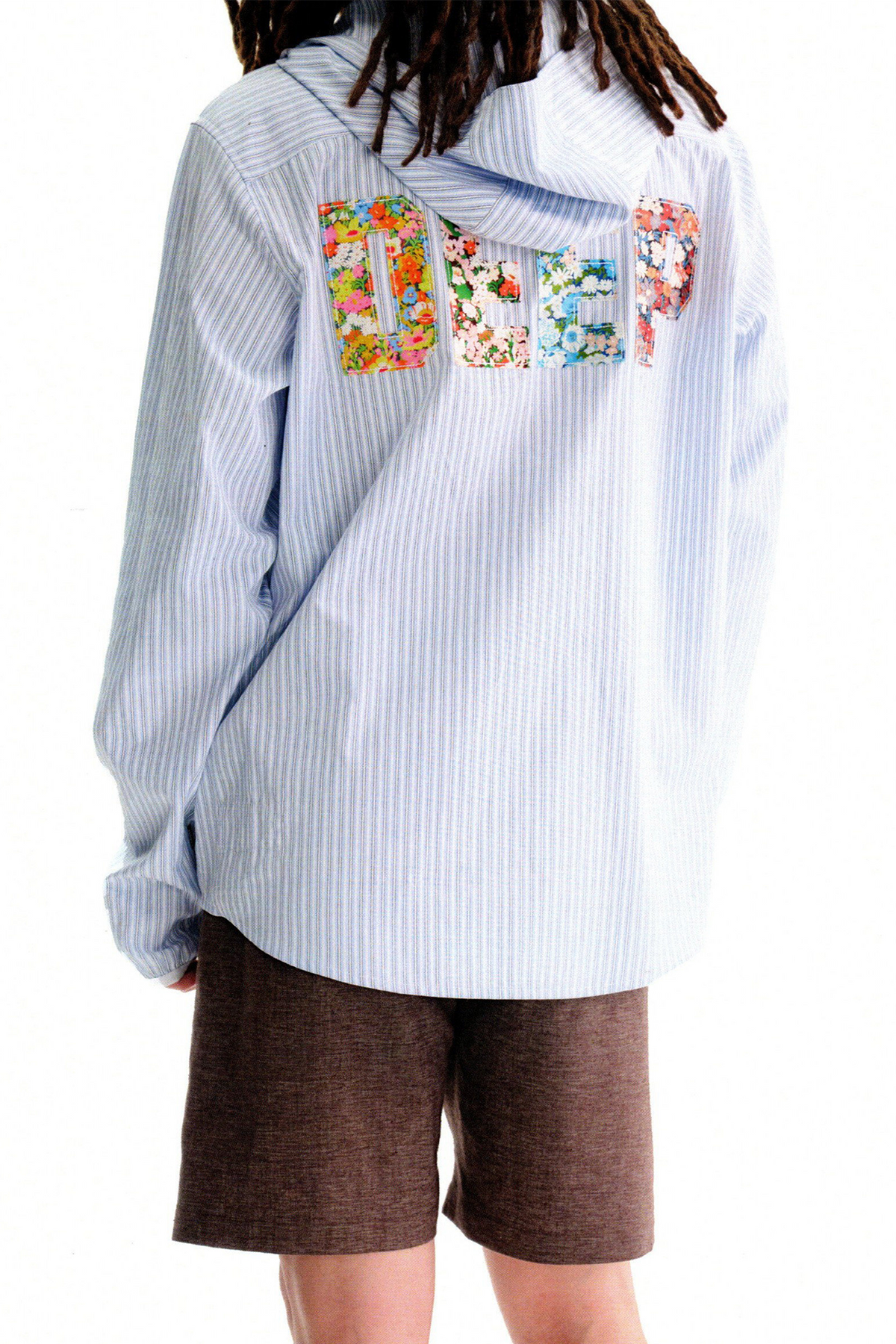 URBAN+FOREST Floral Patchwork Striped Hooded Shirt Jacket, premium urban and streetwear designers apparel on PROJECTISR.com, URBAN+FOREST