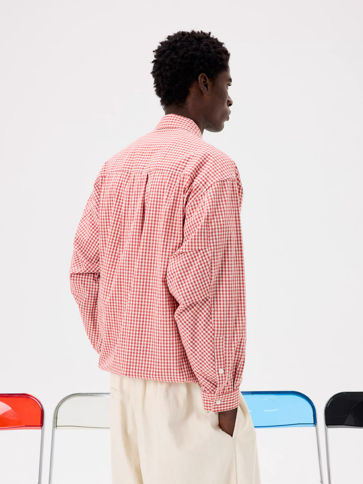 UNLIMITED MOTE Pleated Balloon Drawstring Plaid Long-Sleeve Shirt, premium urban and streetwear designers apparel on PROJECTISR.com, UNLIMITED MOTE
