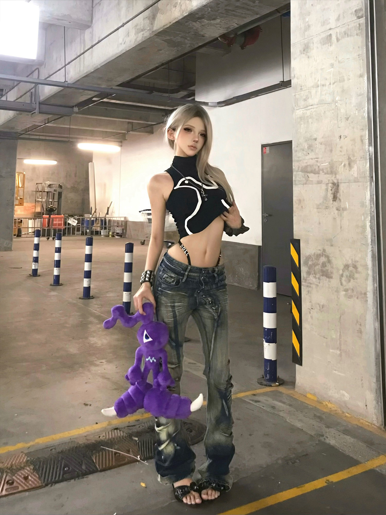 PAIKI Sword Slash Washed Curved Jeans