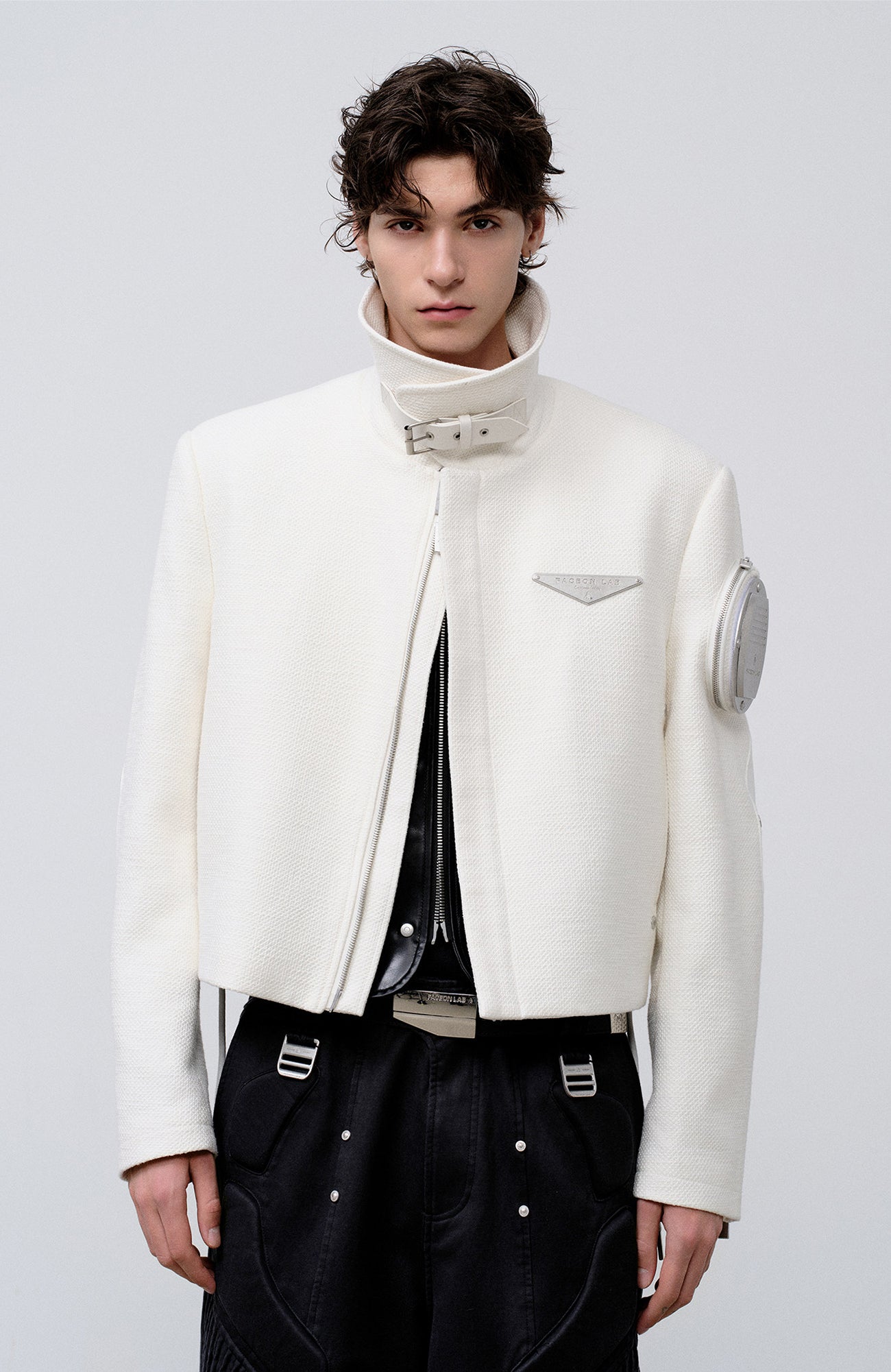 FACEONLAB Arm-Patched Cropped Naval Jacket White, premium urban and streetwear designers apparel on PROJECTISR.com, FACEONLAB