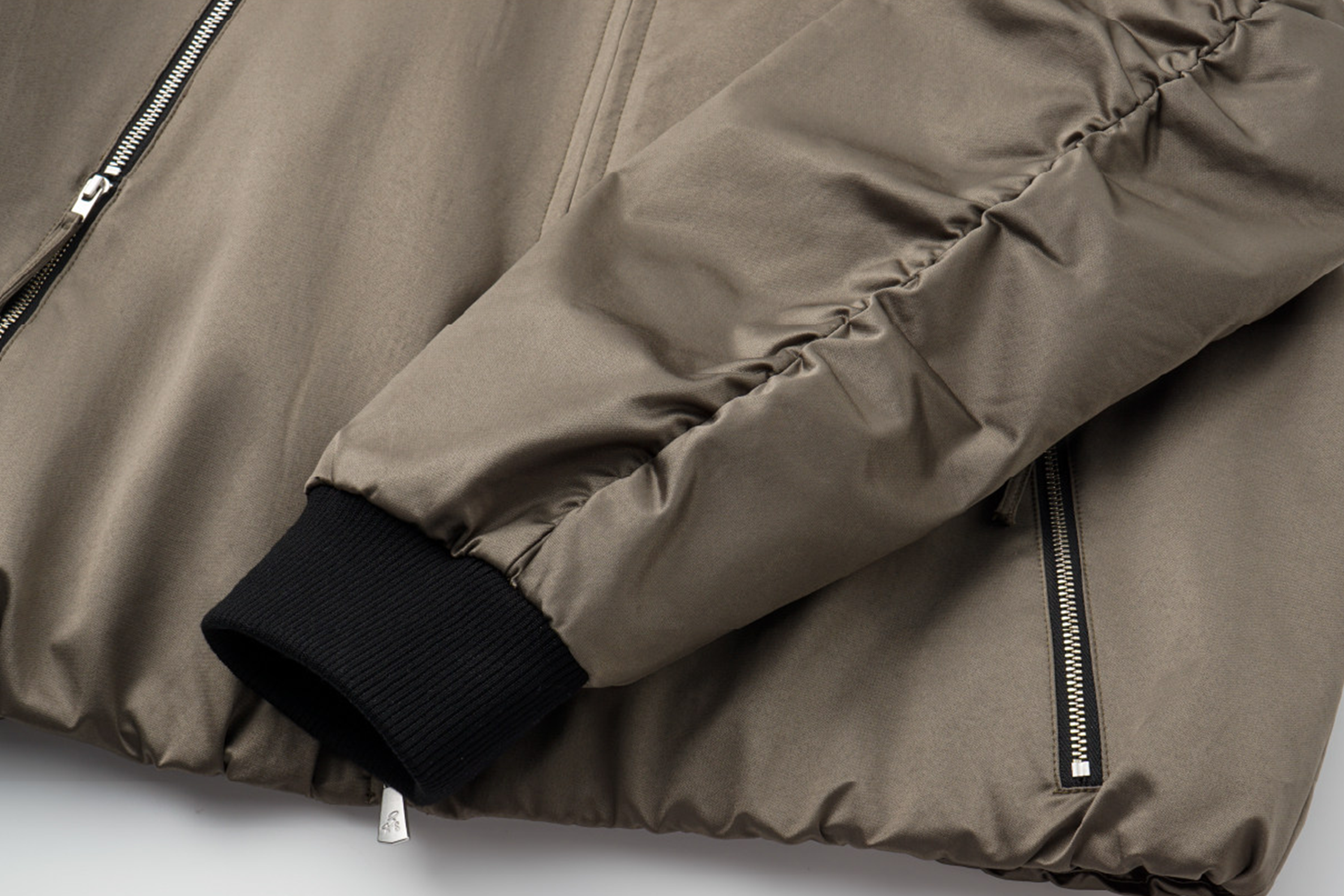 ALVNG AR ANTS Ruched-Sleeve Dual-Zips Bomber Jacket, premium urban and streetwear designers apparel on PROJECTISR.com, ALVNG AR ANTS