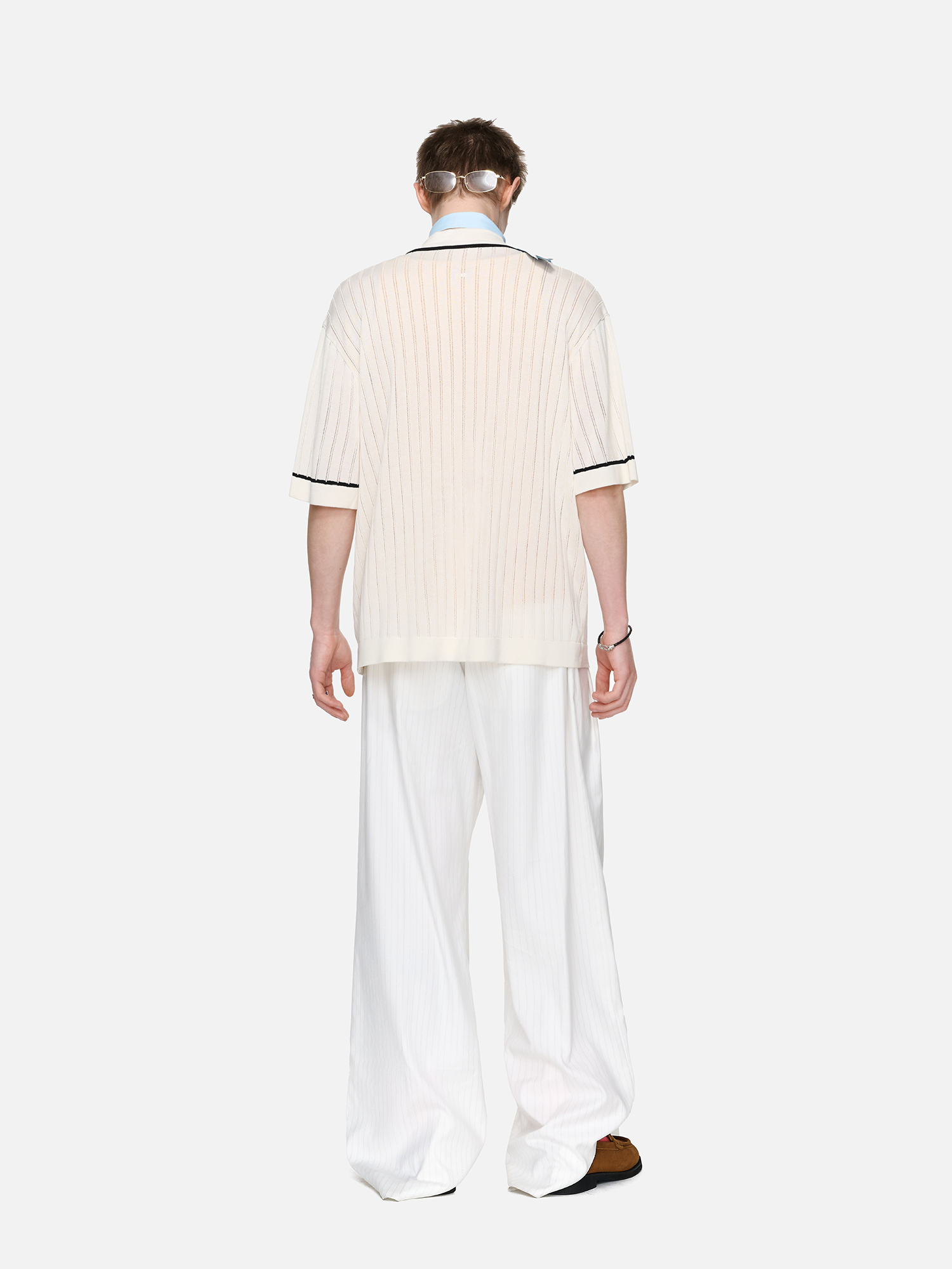 TIWILLTANG Openwork Contrast Trim Zip-Neck Knitted T Shirt