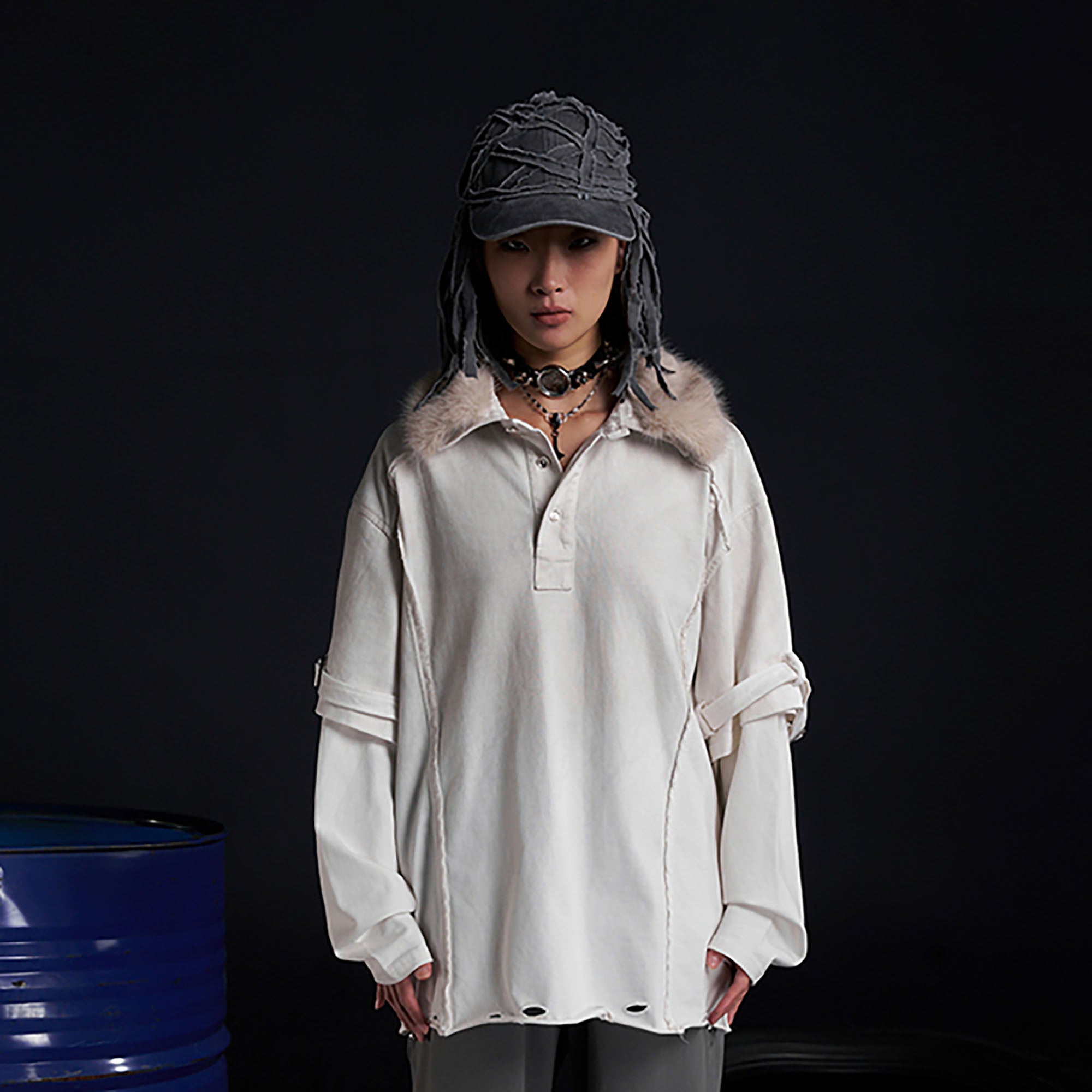 RECOVER ZONE Detachable Faux Fur Collar Long Sleeve Shirt