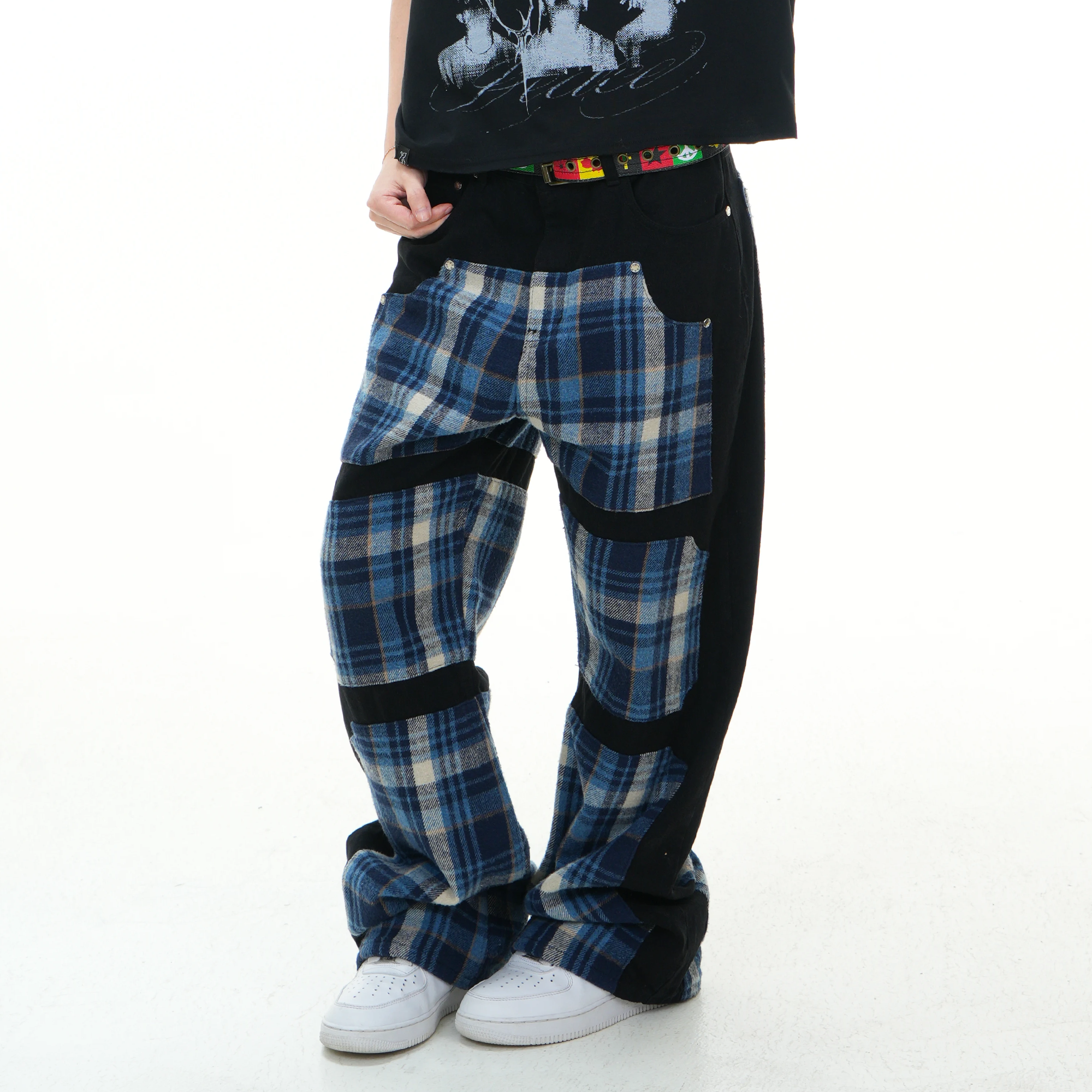 VINKID Plaid Paneled Wide-Leg Jeans