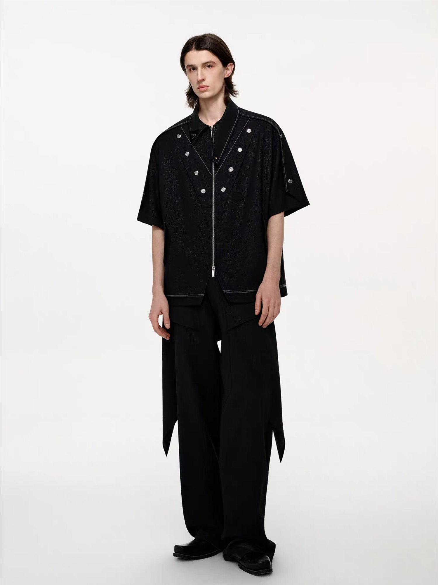 TIWILLTANG Studded Trim Zip-Up Half Shirt, premium urban and streetwear designers apparel on PROJECTISR.com, TIWILLTANG