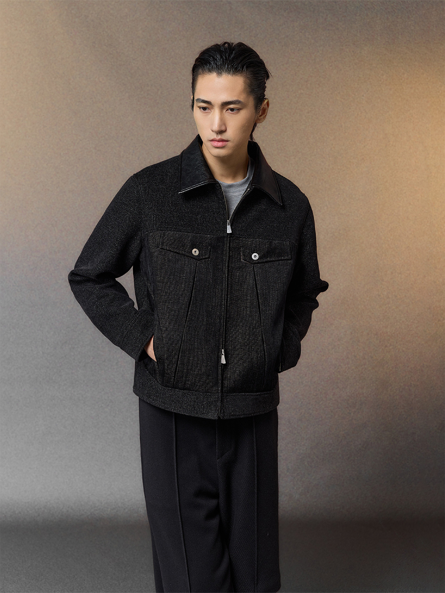 ALVNG AR ANTS Tweed Panelled PU-Collar Jacket, premium urban and streetwear designers apparel on PROJECTISR.com, ALVNG AR ANTS