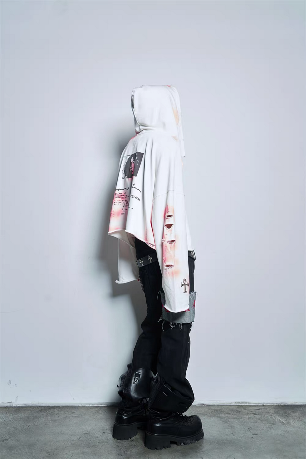 ANTI WAR REVIVAL Distressed Splatter-Print Oversized Zip-Up Hoodie
