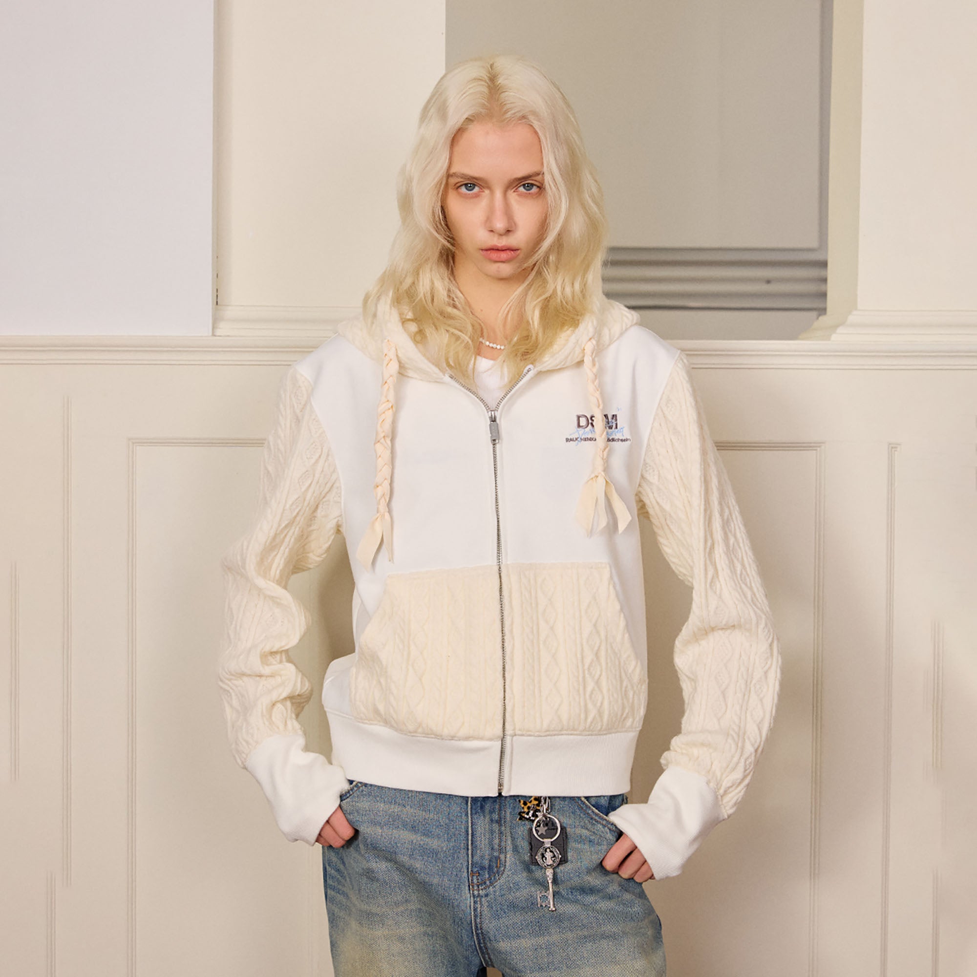 DONSMOKE Spliced Cable-Knit Zip-Up Hoodie, premium urban and streetwear designers apparel on PROJECTISR.com, DONSMOKE