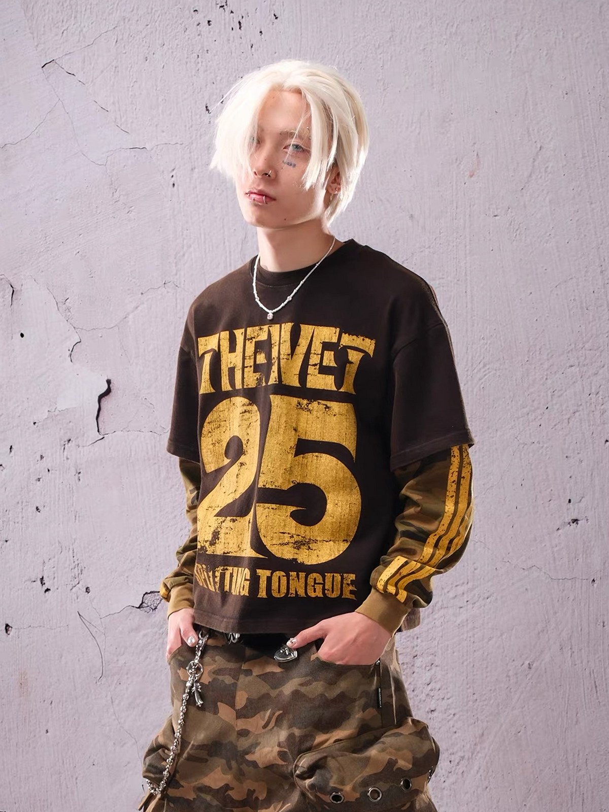 THEWET Camo Washed Layered Long-Sleeve Tee