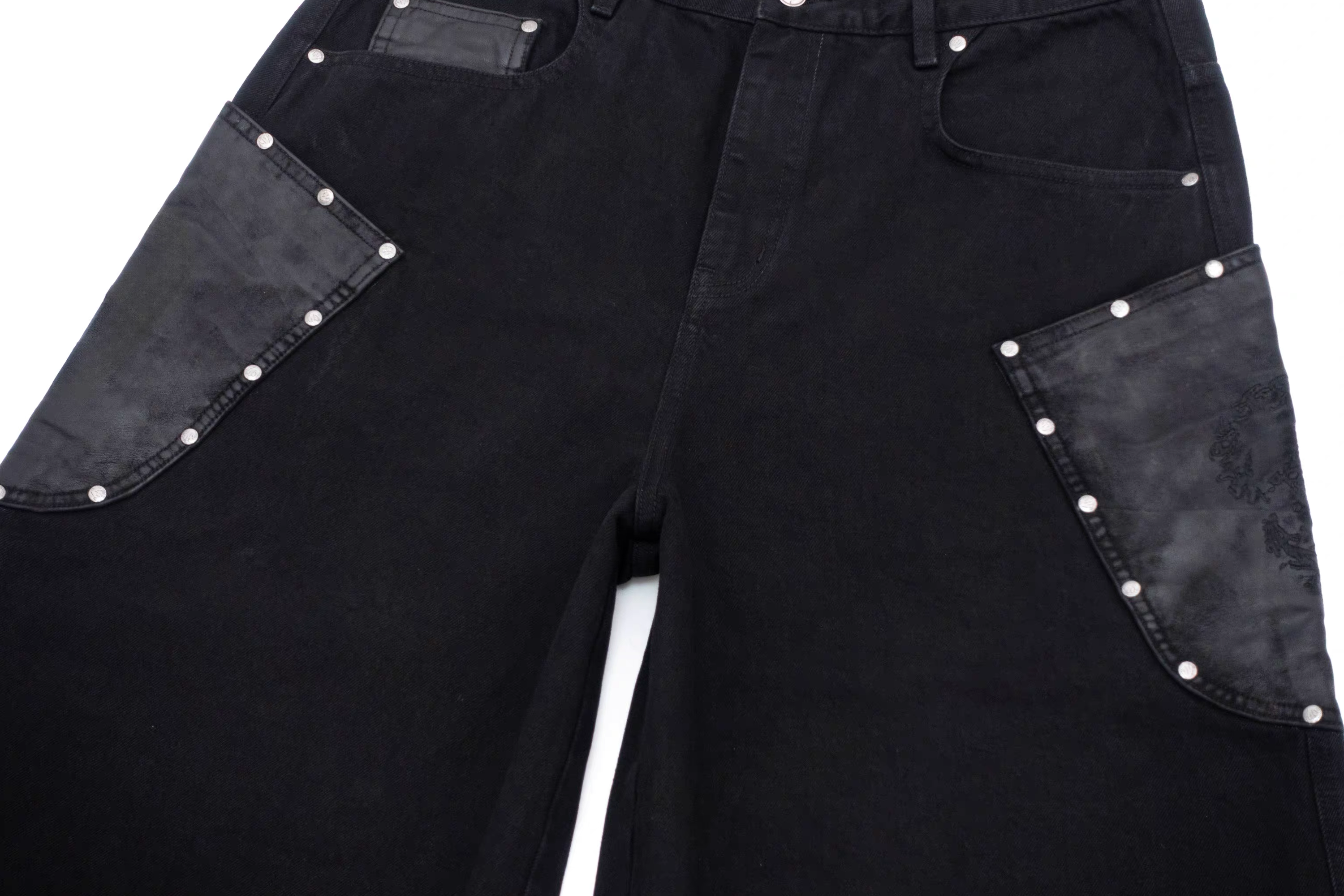 IN EXISTENCE Washed Rivet-Trim Patch Denim Shorts, premium urban and streetwear designers apparel on PROJECTISR.com, IN EXISTENCE