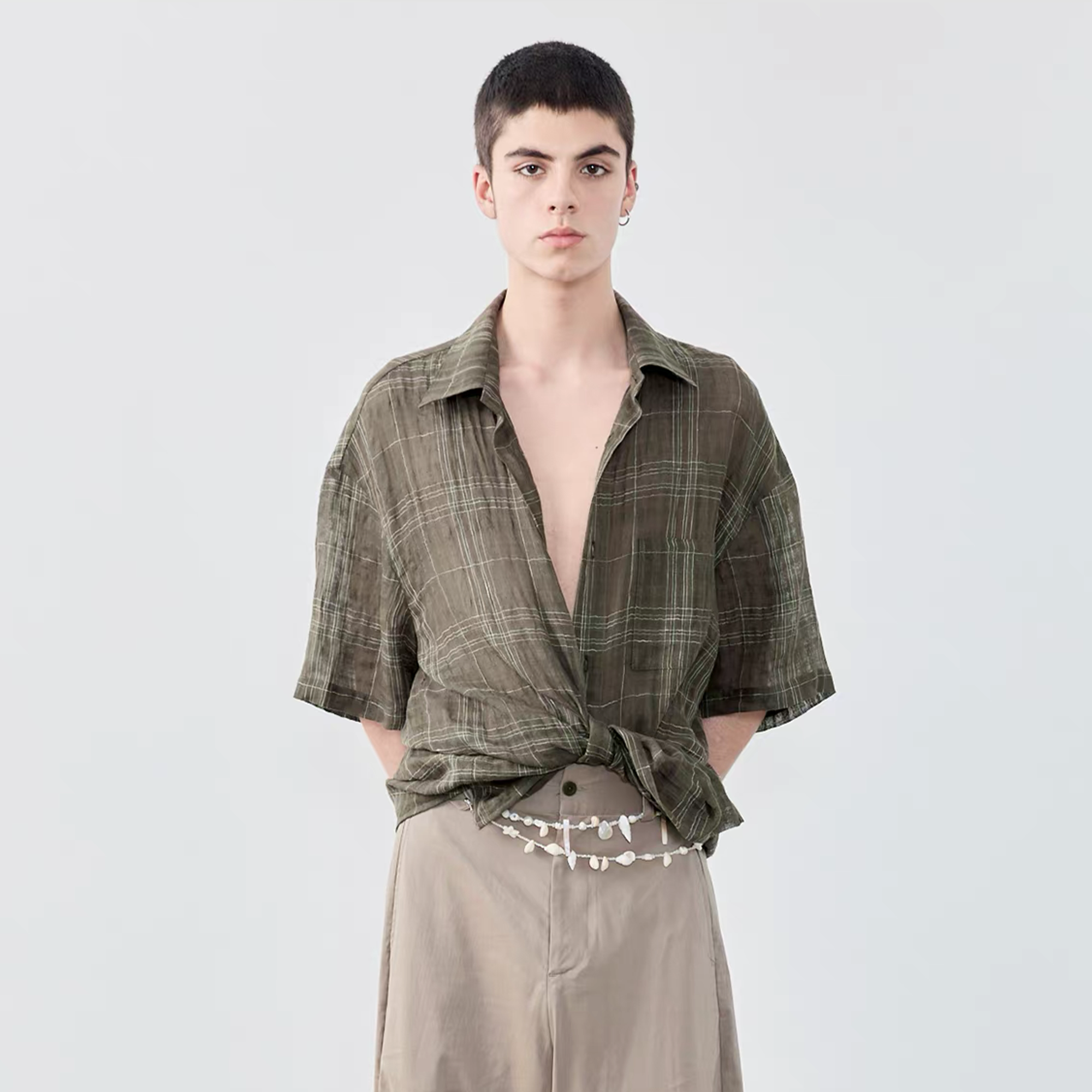 GRAINMUSTARD Linen-Cotton Plaid Half Shirt, premium urban and streetwear designers apparel on PROJECTISR.com, GRAINMUSTARD