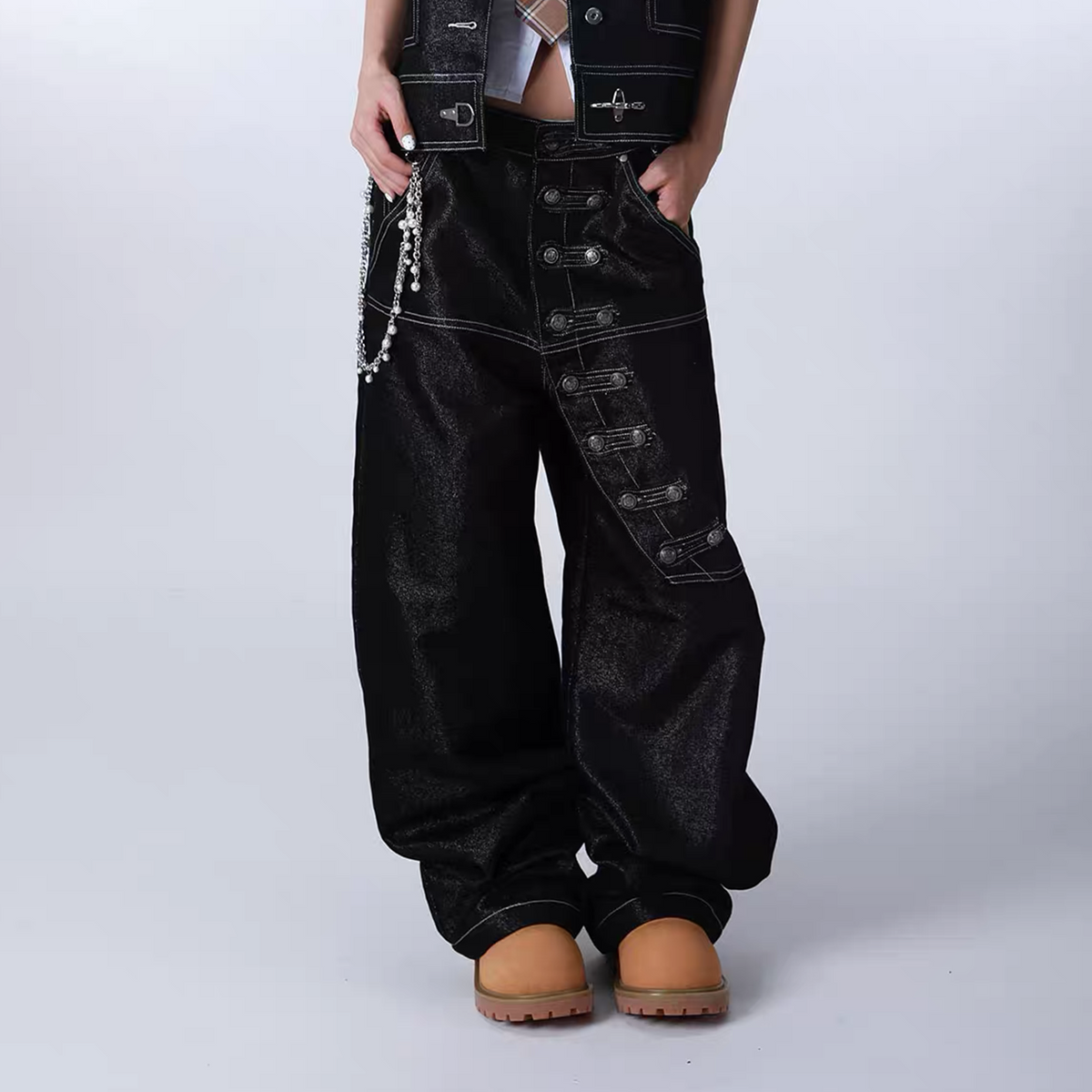 SEXXDEVIL Napoleon-Button Paneled Metallic Denim Jeans