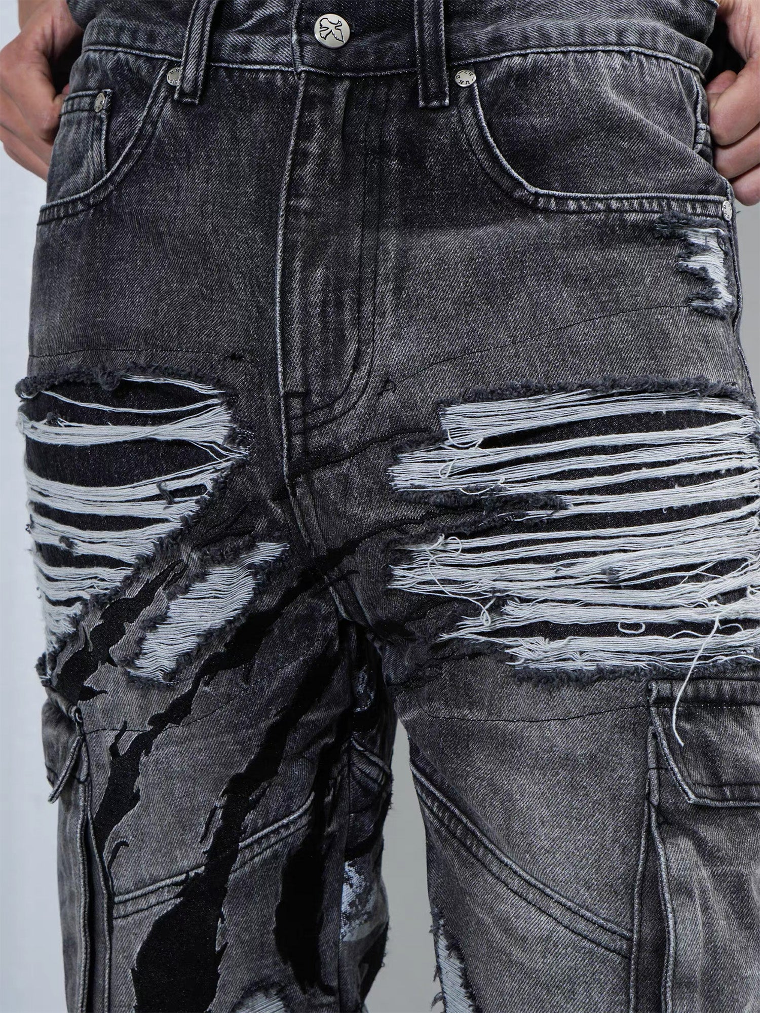 VINKID Distressed Grommet Strap Flared Jeans, premium urban and streetwear designers apparel on PROJECTISR.com, VINKID