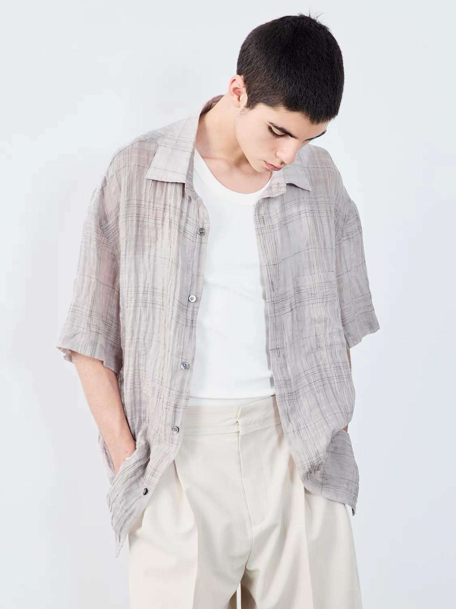 GRAINMUSTARD Linen-Cotton Plaid Half Shirt, premium urban and streetwear designers apparel on PROJECTISR.com, GRAINMUSTARD