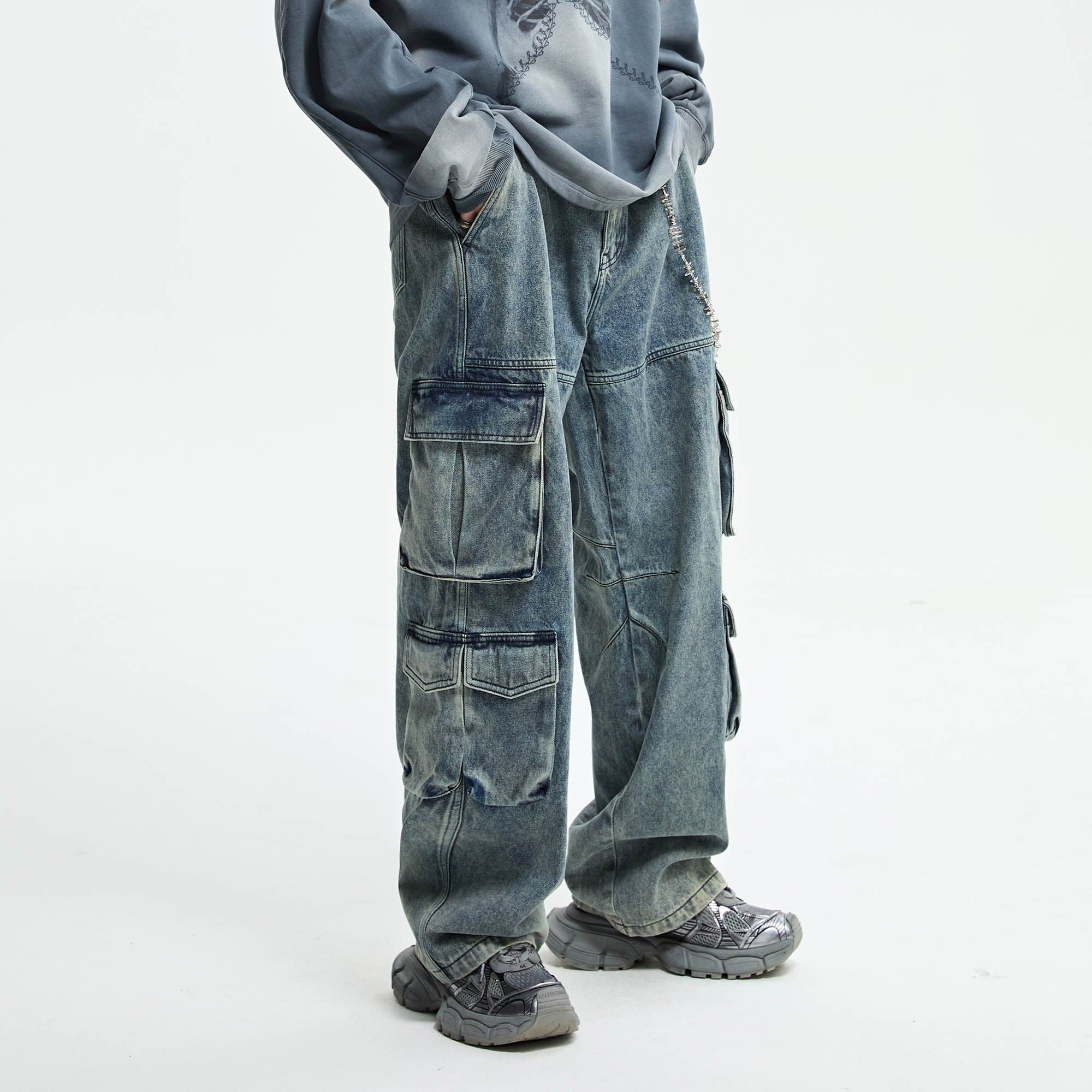 【SATIIIZ】Tones Washed Multi Cargo Denim Pants ORGANIC EMOTION Multi-Pocket Washed Gradient Cargo Jeans