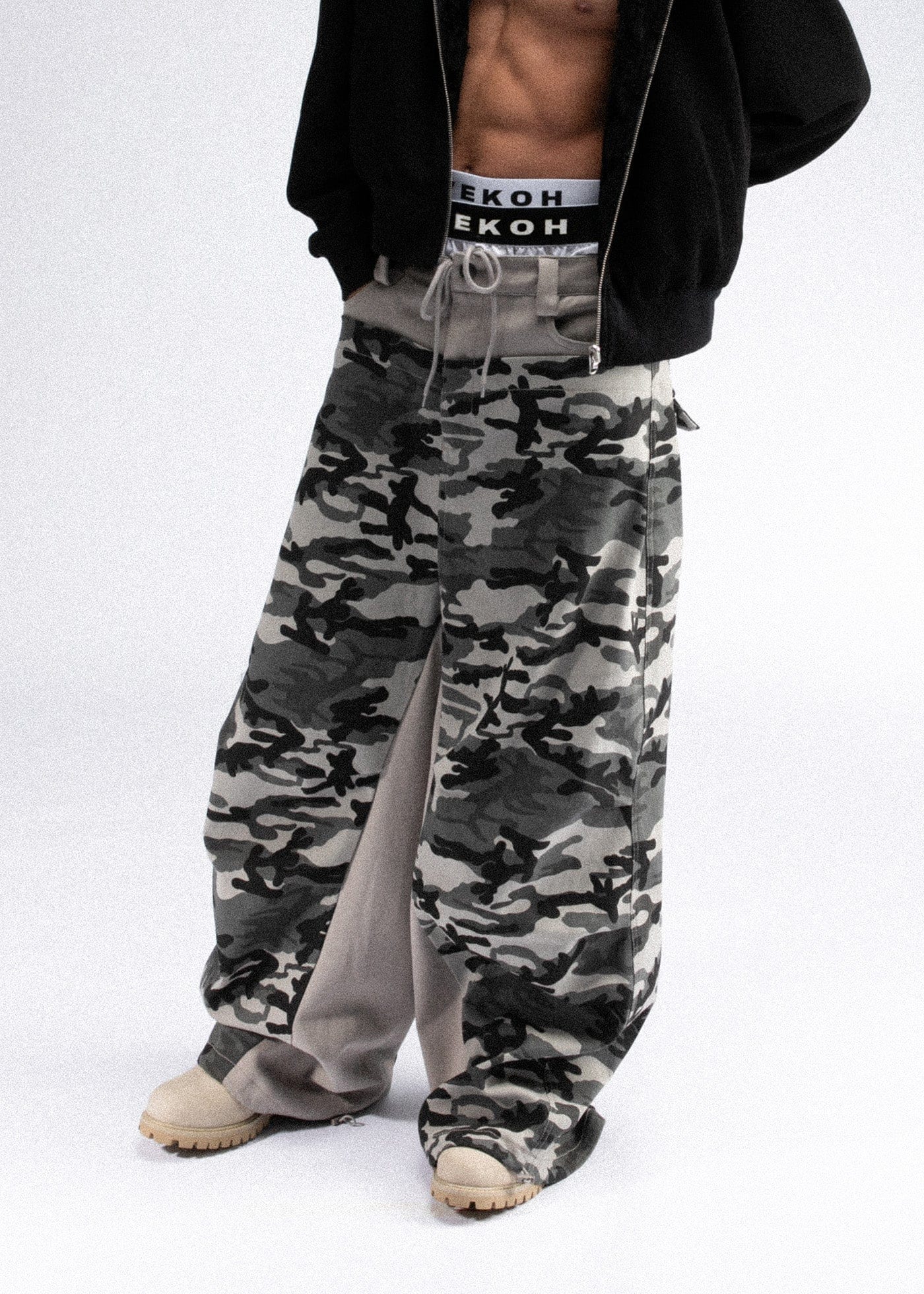 FIVEKOH Double-Waist Spliced Camo Wide-Leg Pants