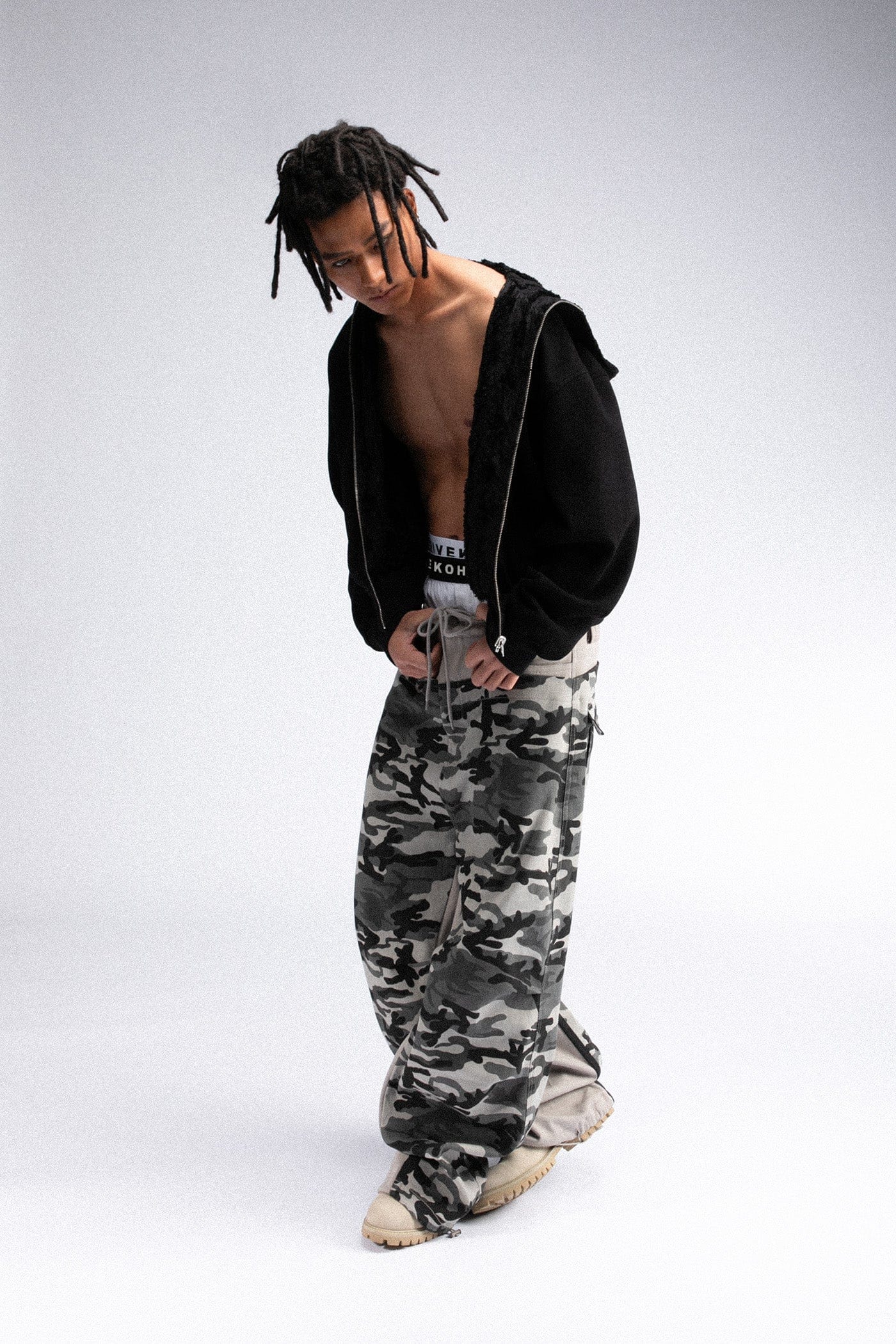 FIVEKOH Double-Waist Spliced Camo Wide-Leg Pants