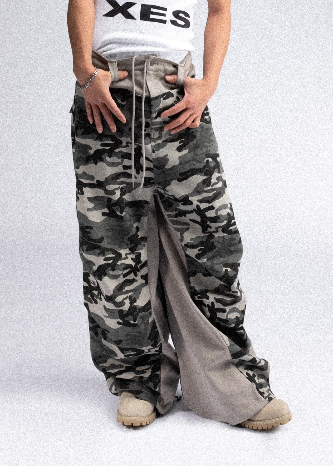 FIVEKOH Double-Waist Spliced Camo Wide-Leg Pants