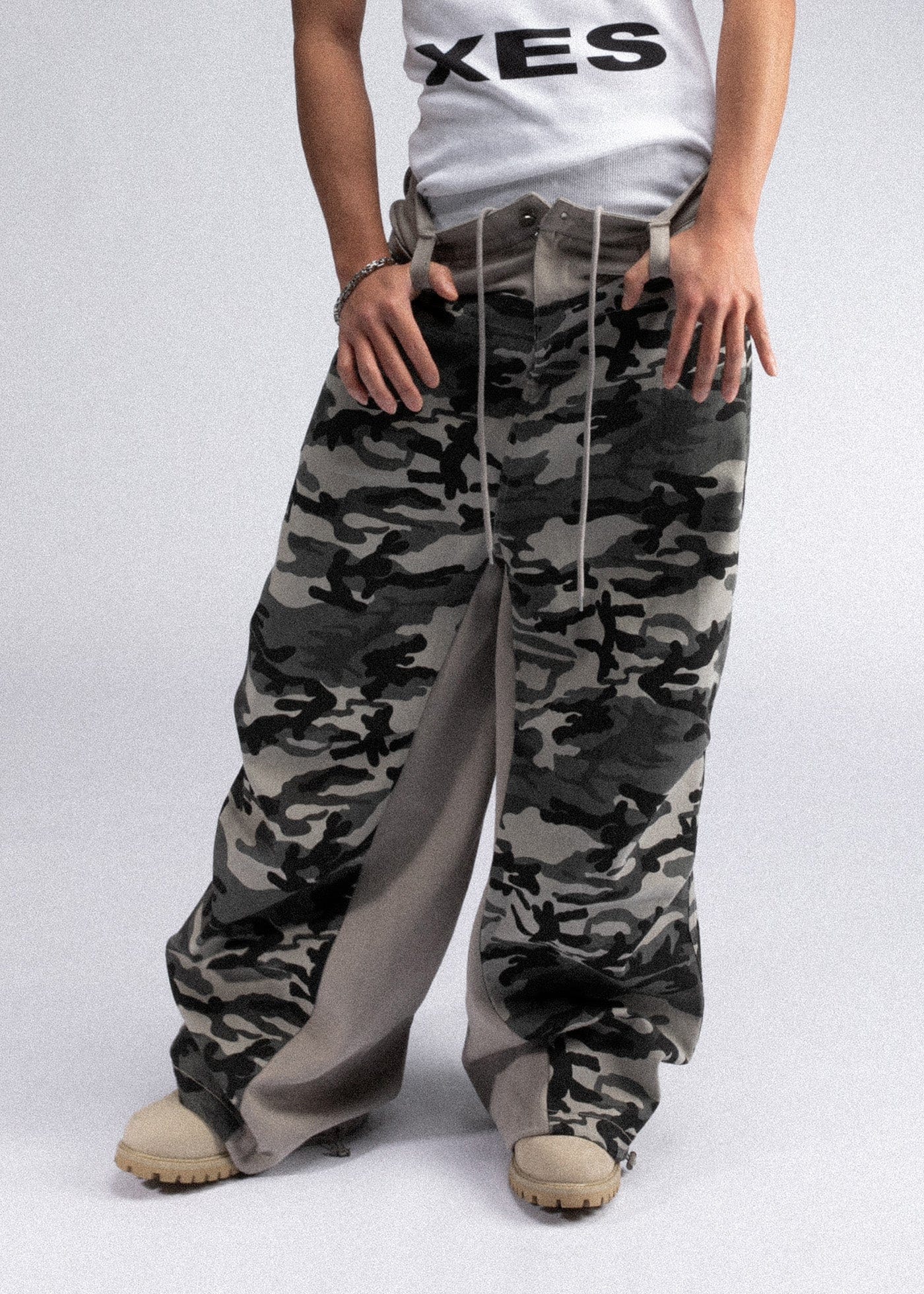 FIVEKOH Double-Waist Spliced Camo Wide-Leg Pants