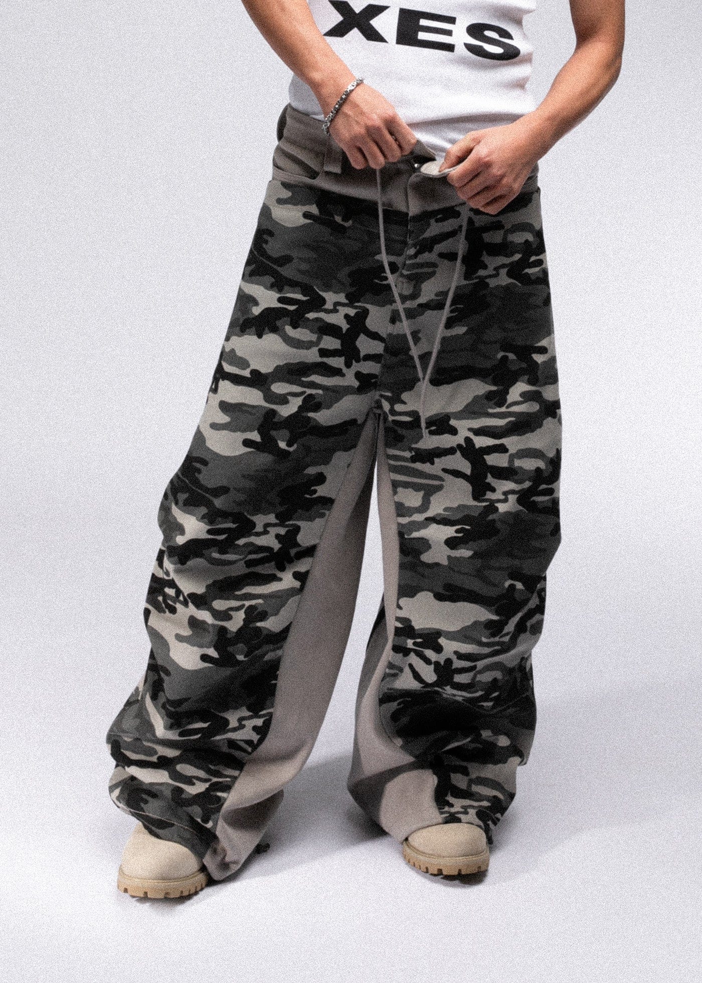 FIVEKOH Double-Waist Spliced Camo Wide-Leg Pants