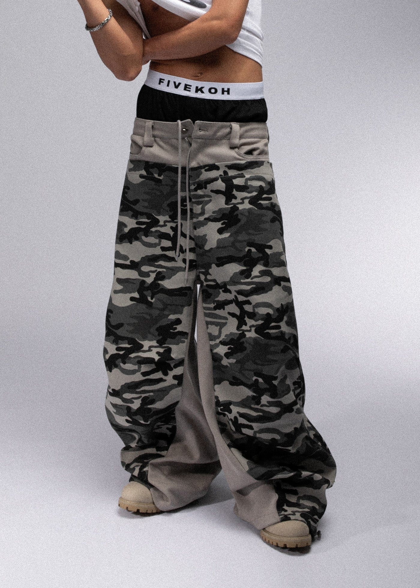 FIVEKOH Double-Waist Spliced Camo Wide-Leg Pants