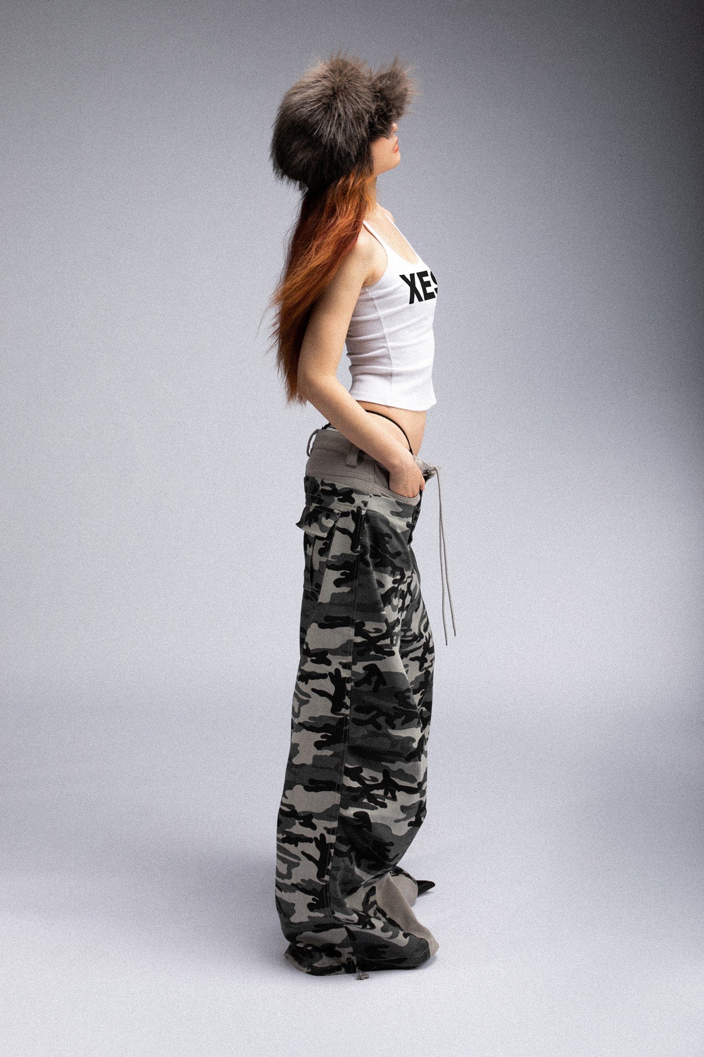 FIVEKOH Double-Waist Spliced Camo Wide-Leg Pants