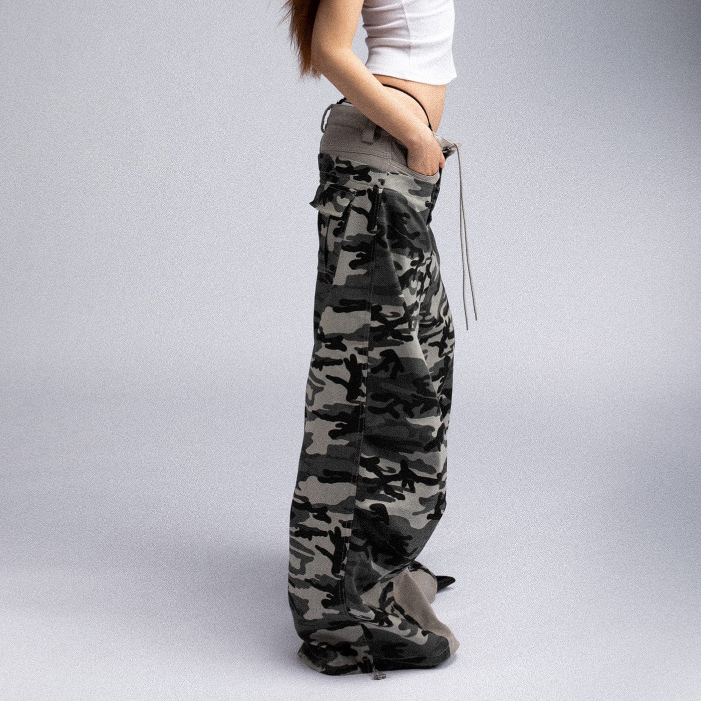 FIVEKOH Double-Waist Spliced Camo Wide-Leg Pants