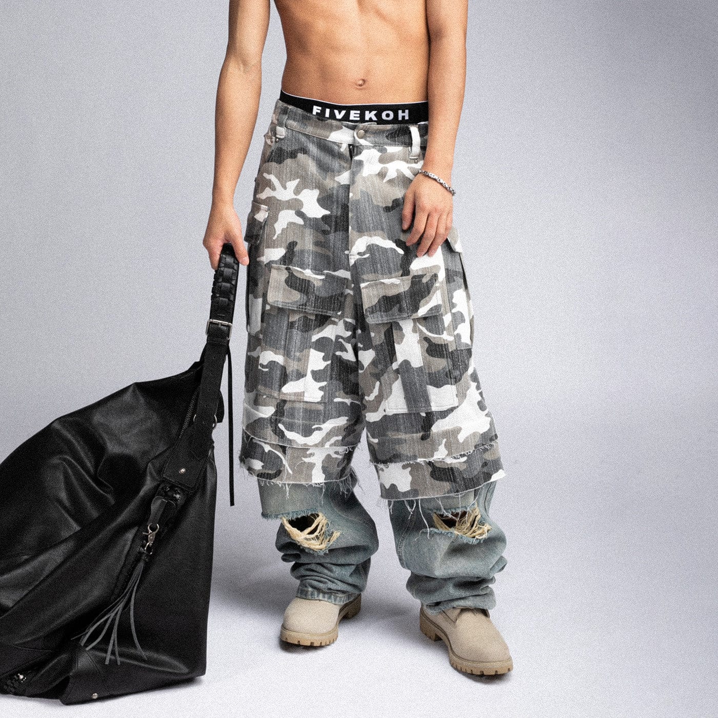 FIVEKOH Camo Detachable Distressed Cargo Pants