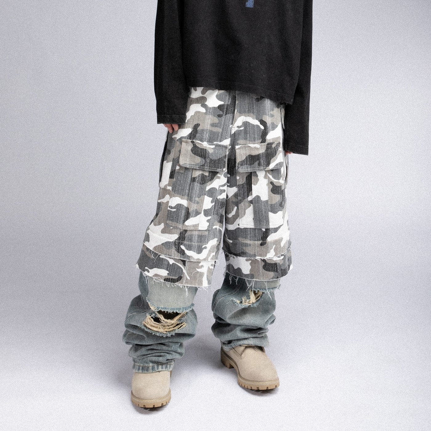 FIVEKOH Camo Detachable Distressed Cargo Pants